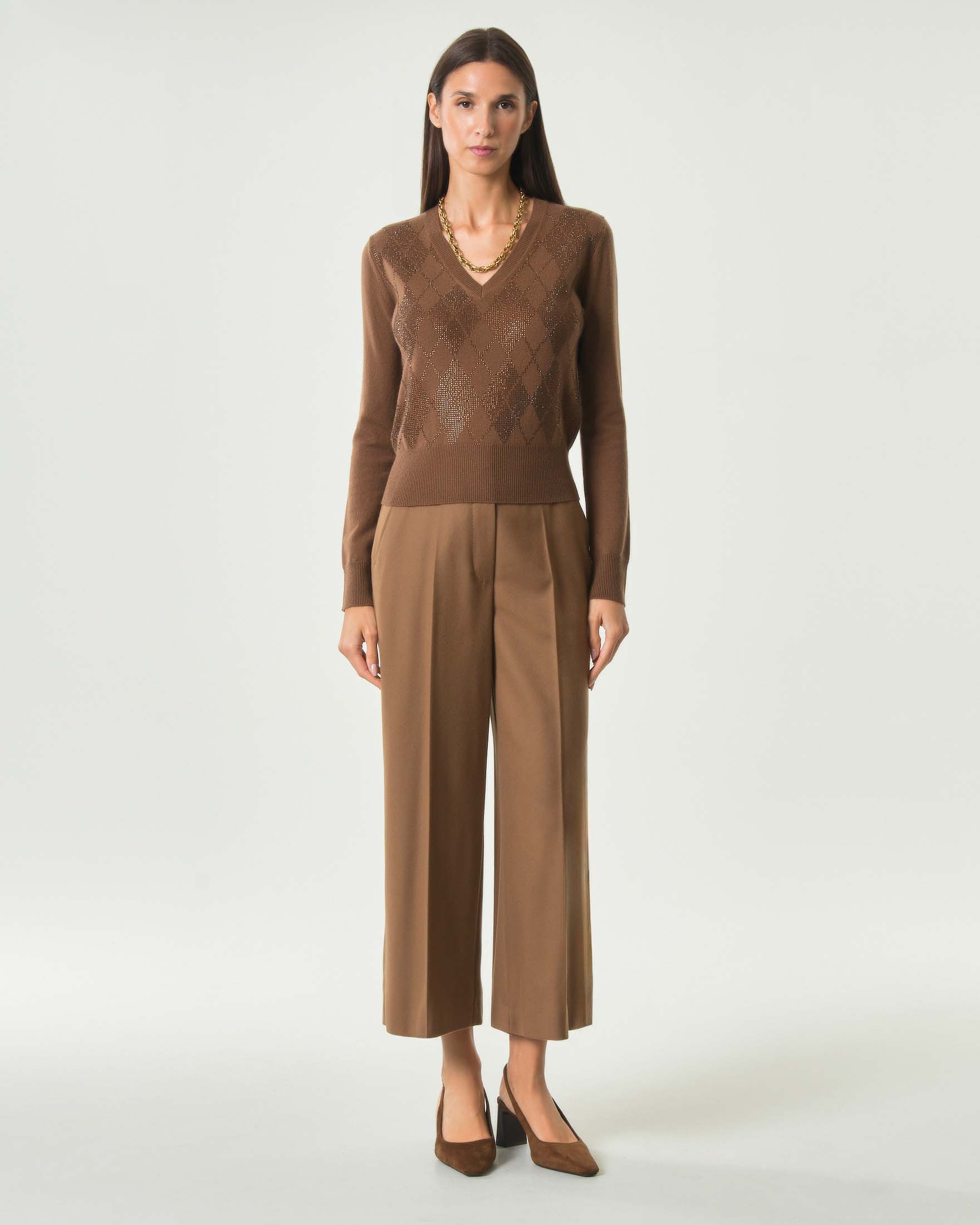 Pantalone cropped Max Mara Studio color cuoio in lana vergine cardata a gamba ampia