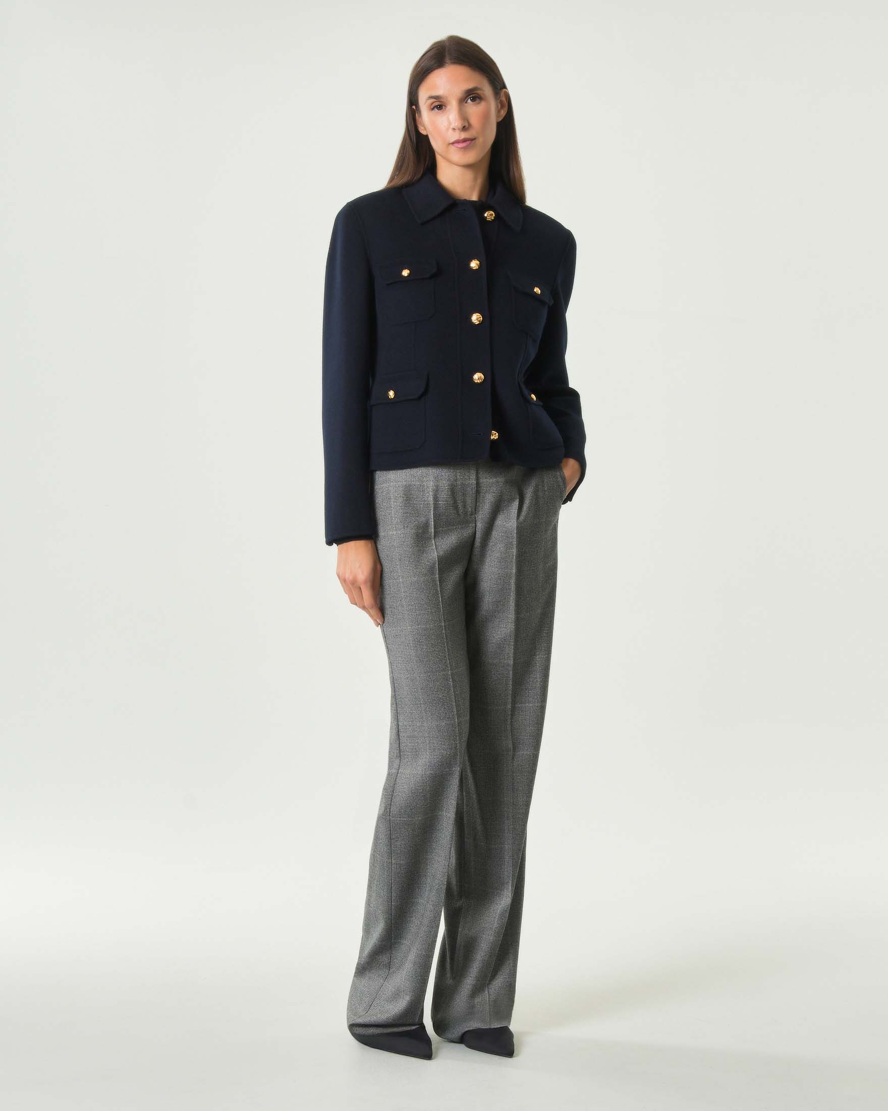 Pantaloni a gamba dritta Max Mara Studio grigi in flanella di lana Principe di Galles