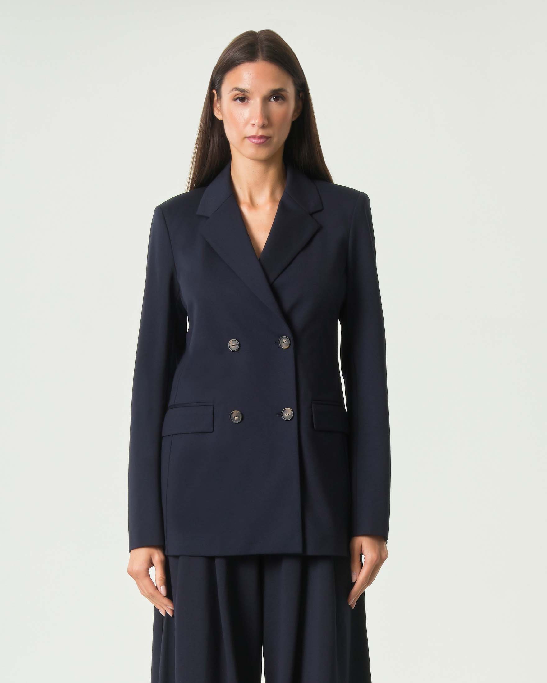 Blazer doppiopetto MM Max Mara blu aderente in tessuto stretch con tasche a patta