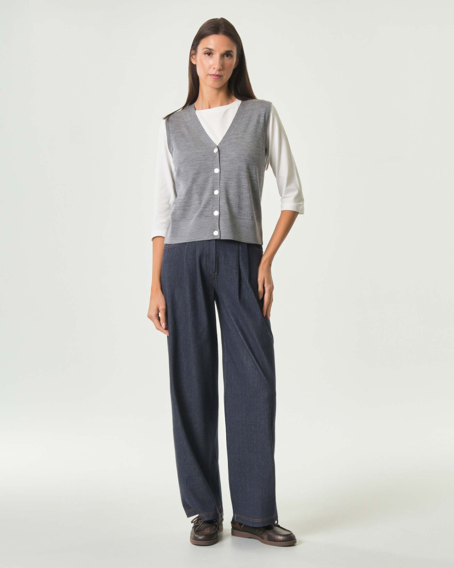 Pantalone palazzo MM Max Mara blu in denim misto viscosa con pinces e passanti da cintura