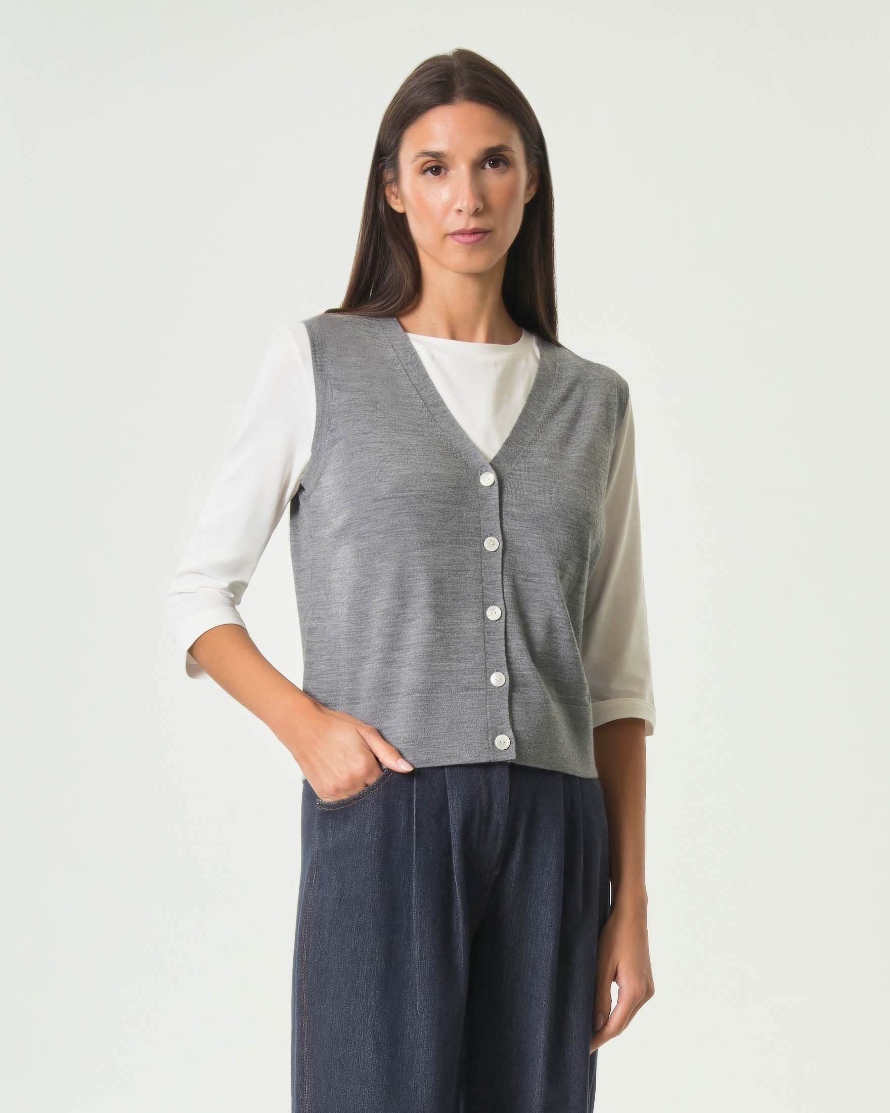 Gilet MM Max Mara grigio in lana vergine con scollo a V