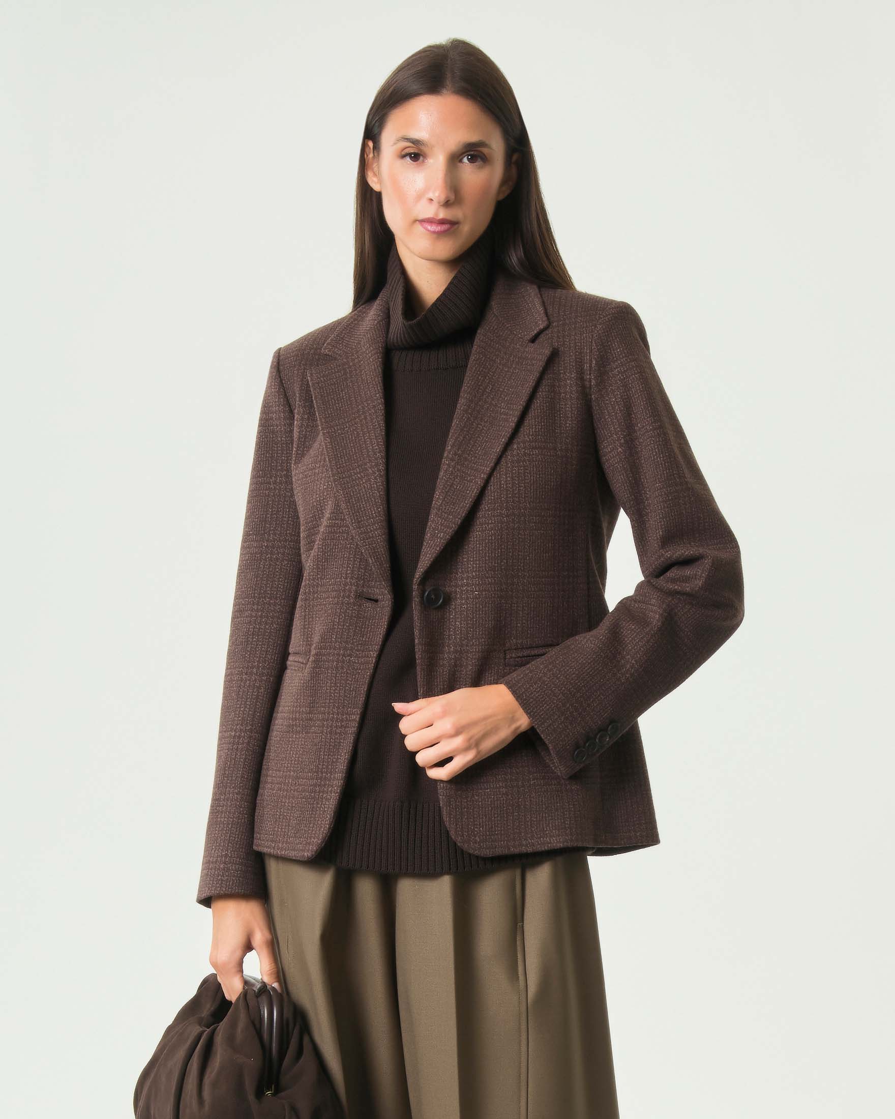 Blazer monopetto MM Max Mara marrone in jacquard di viscosa stretch Principe di Galles