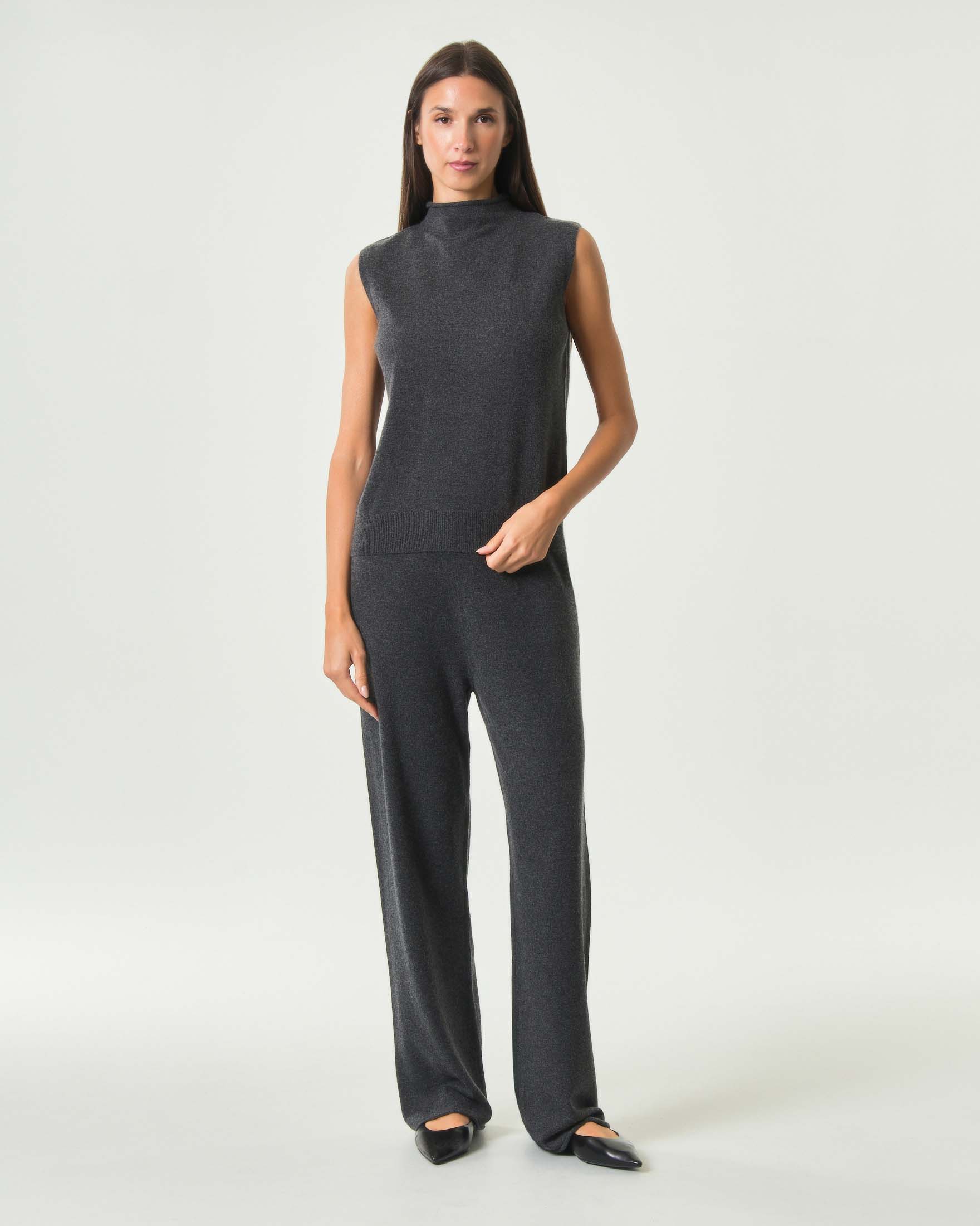Pantalone straight MM Max Mara antracite in lana vergine e cashmere a vita alta