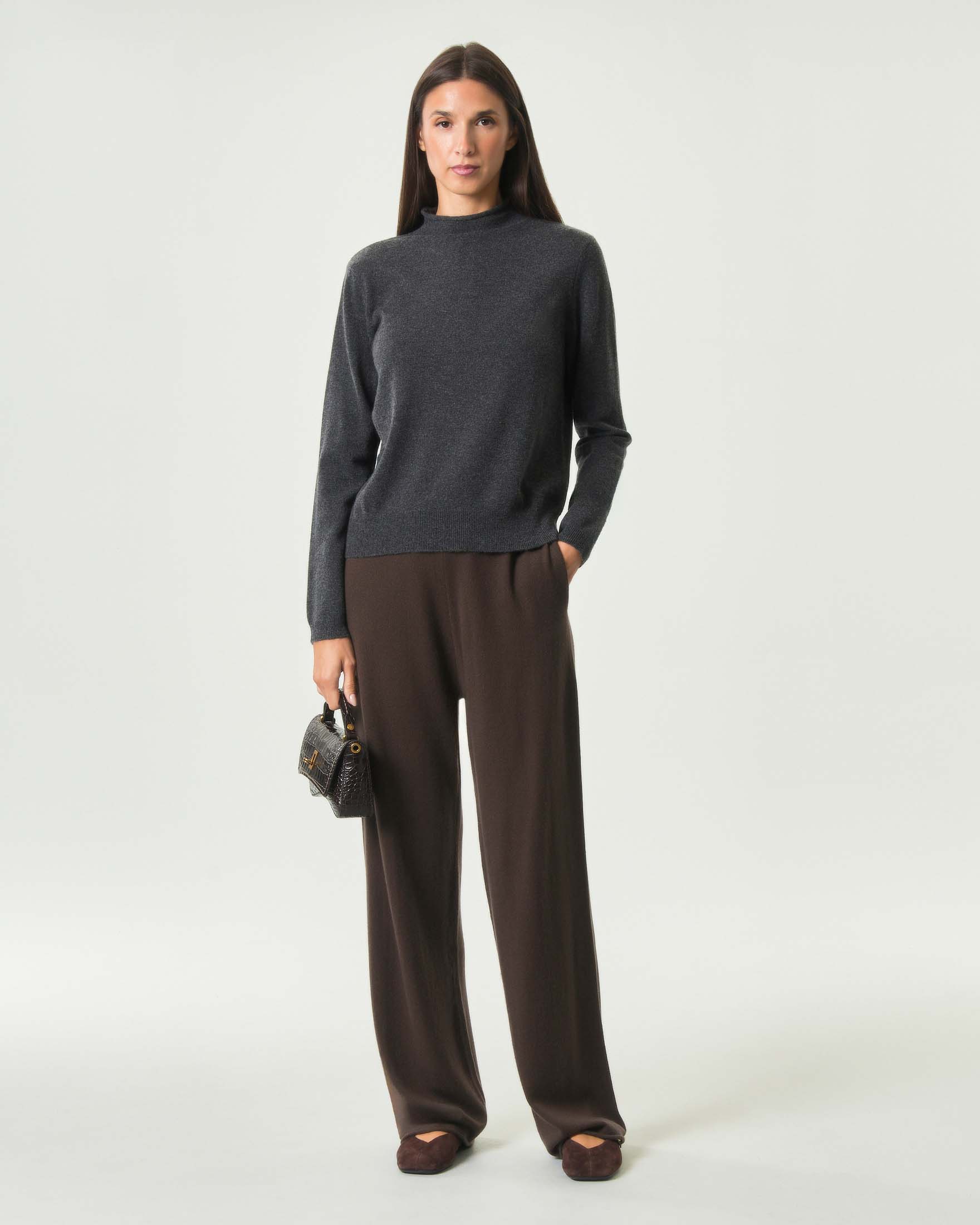 Pantalone straight MM Max Mara marrone in lana vergine e cashmere a vita alta