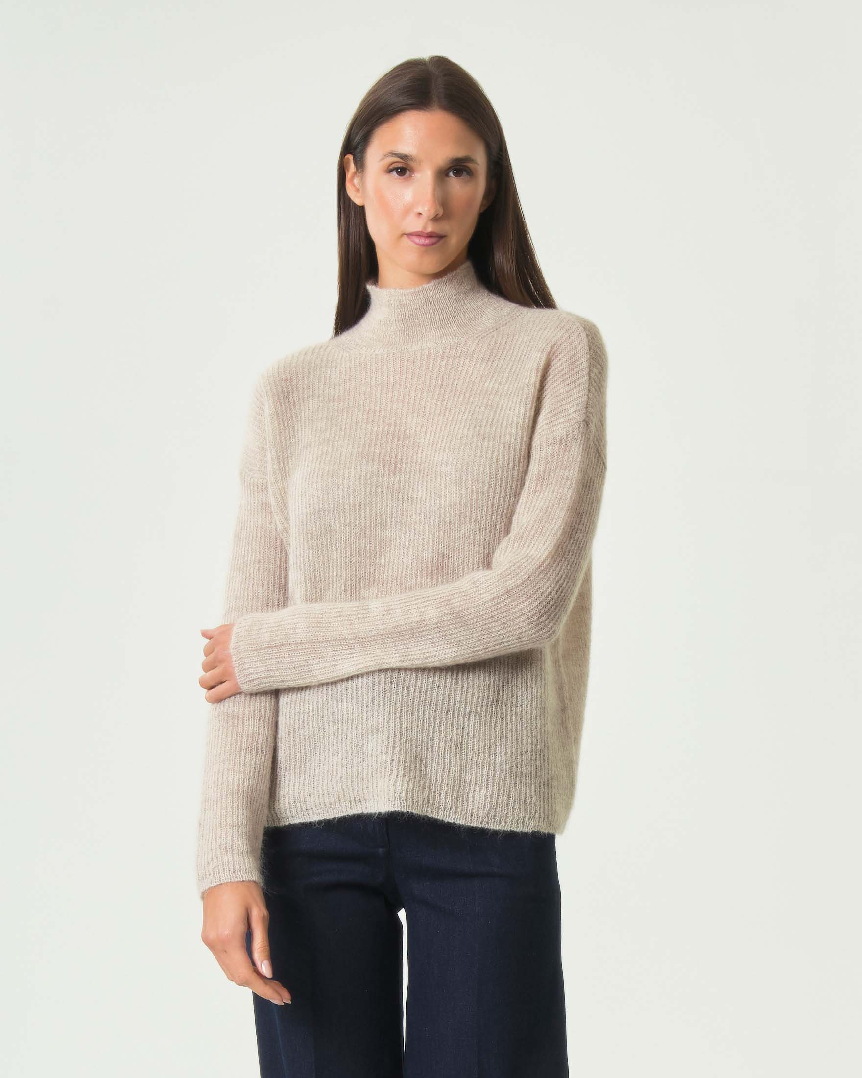 Maglia lupetto oversize MM Max Mara beige in misto mohair e lana a coste