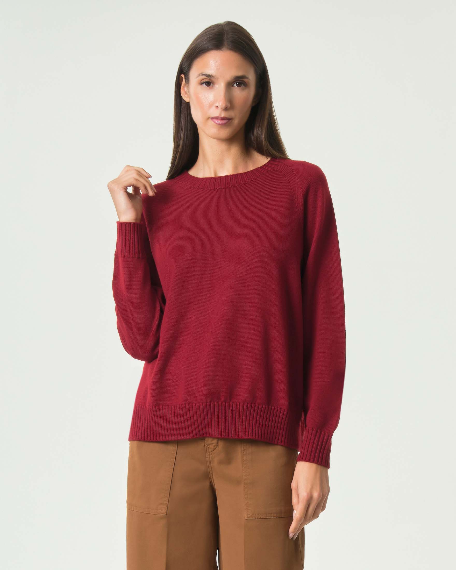 Pullover girocollo MM Max Mara rosso in pura lana vergine con bordi a costine