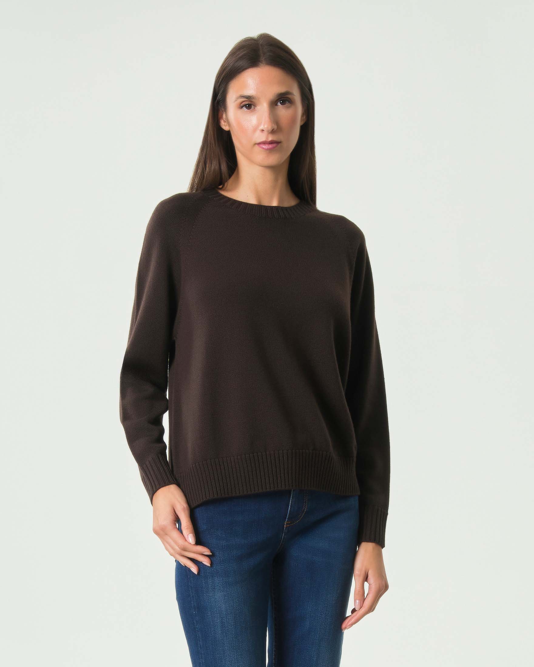 Pullover girocollo MM Max Mara marrone in pura lana vergine con bordi a costine