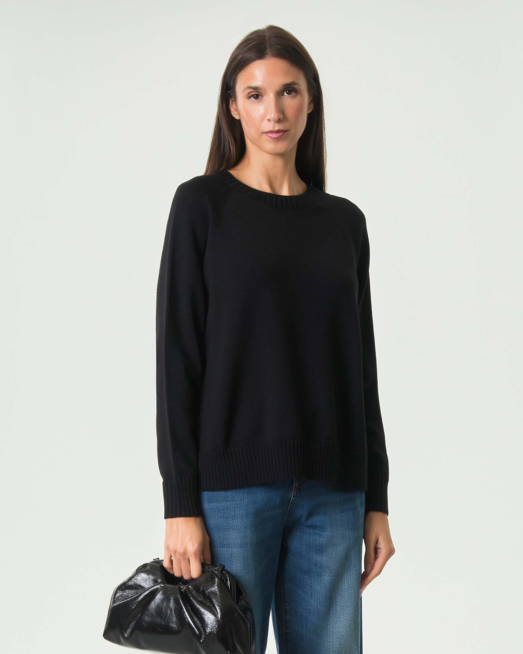 Pullover girocollo MM Max Mara nero in pura lana vergine con bordi a costine