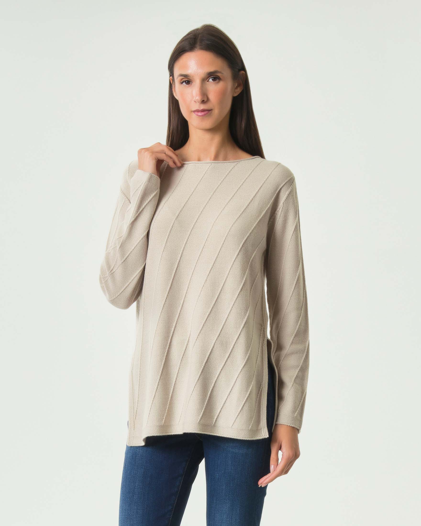 Maglia MM Max Mara beige in pura lana con motivo geometrico e scollo rotondo