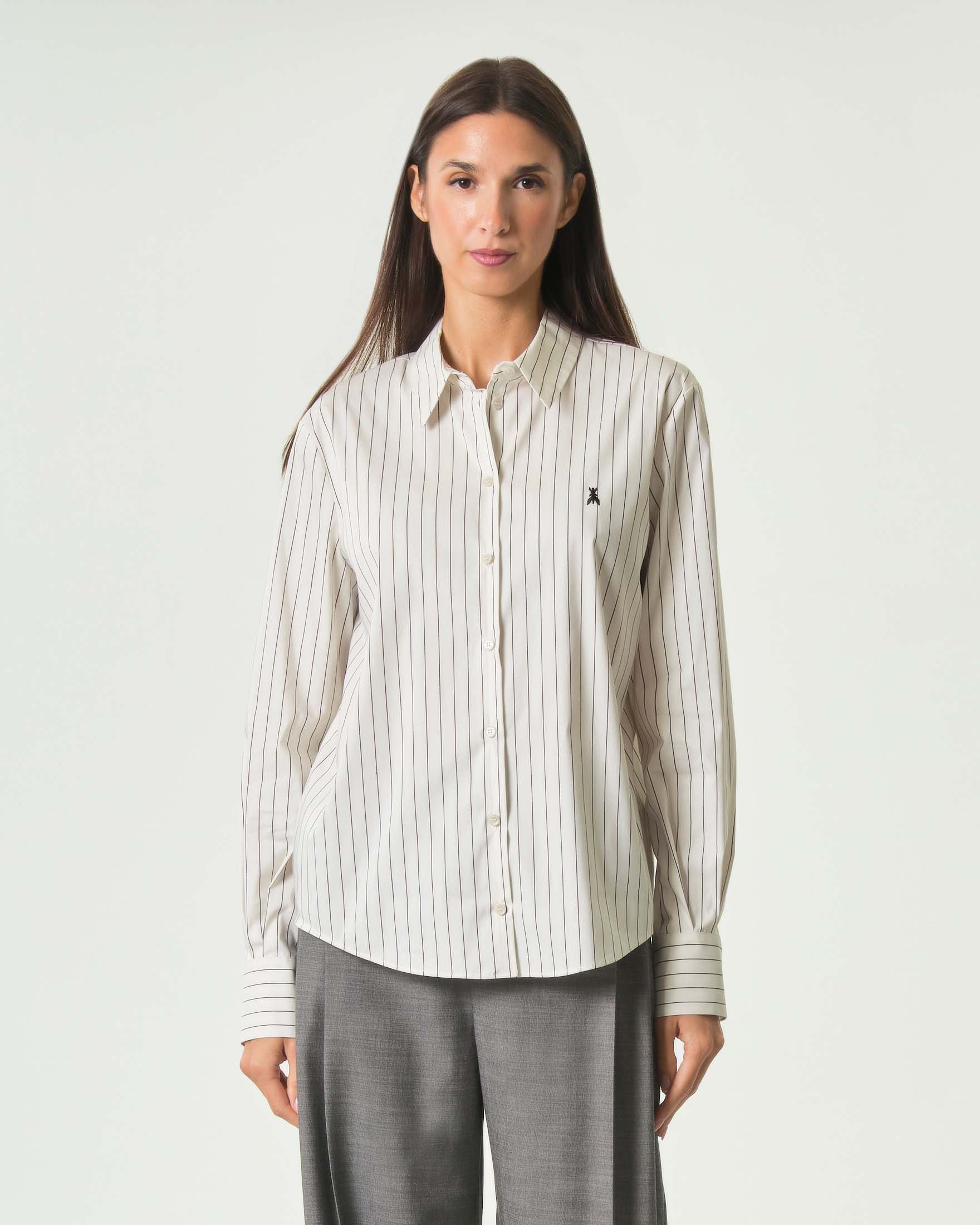 Camicia maschile Patrizia Pepe bianca gessata in popeline stretch con ricamo Fly