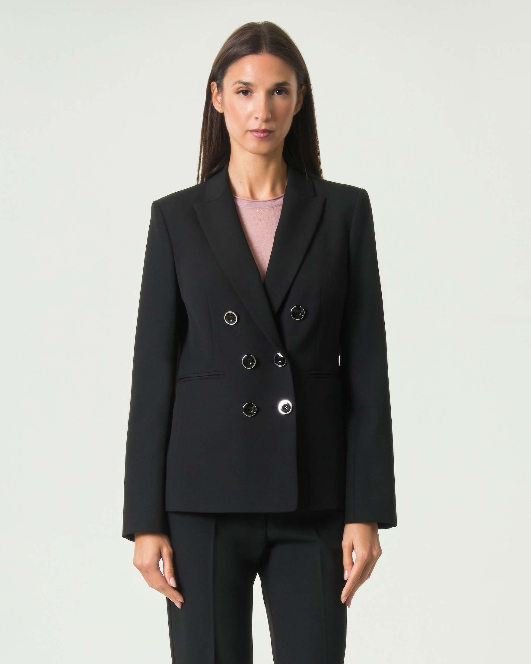 Blazer doppiopetto Pinko nero in crêpe di misto viscosa stretch con tasche a filetto