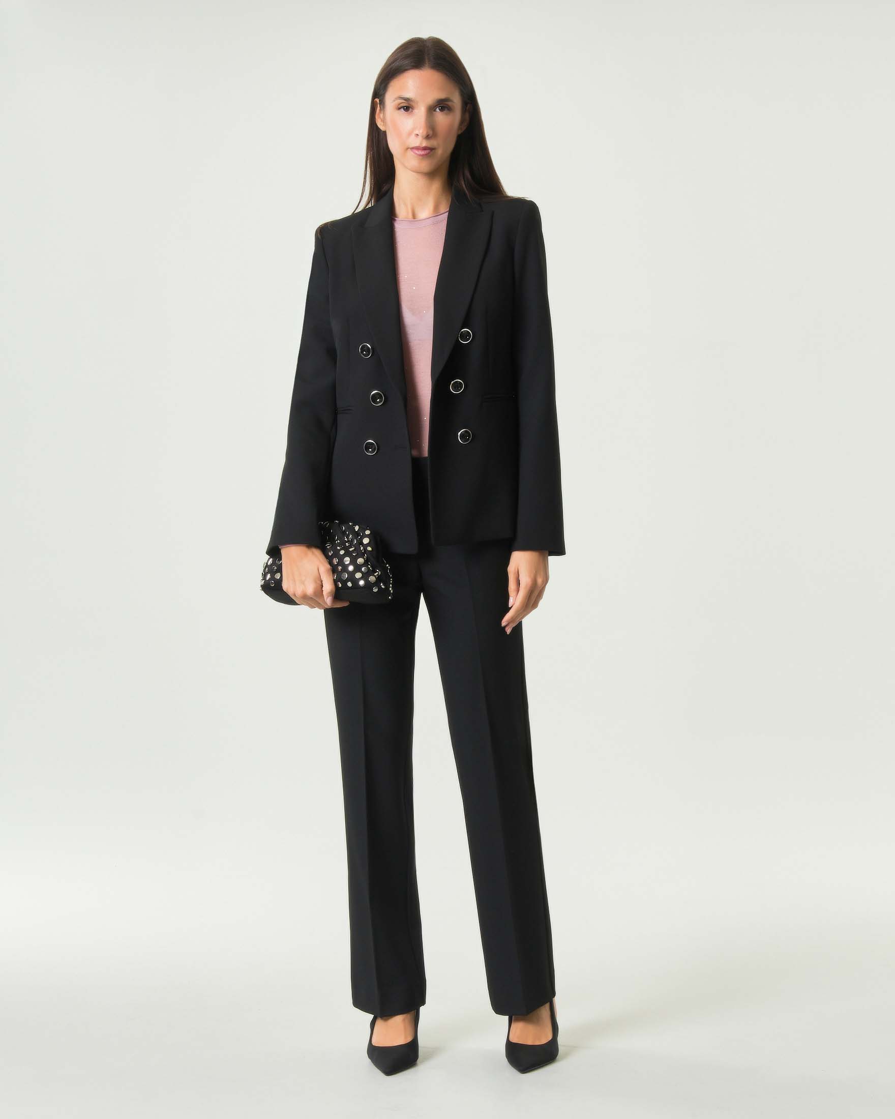 Pantalone slim Pinko nero in crêpe di misto viscosa con fondo svasato e pieghe centrali stirate