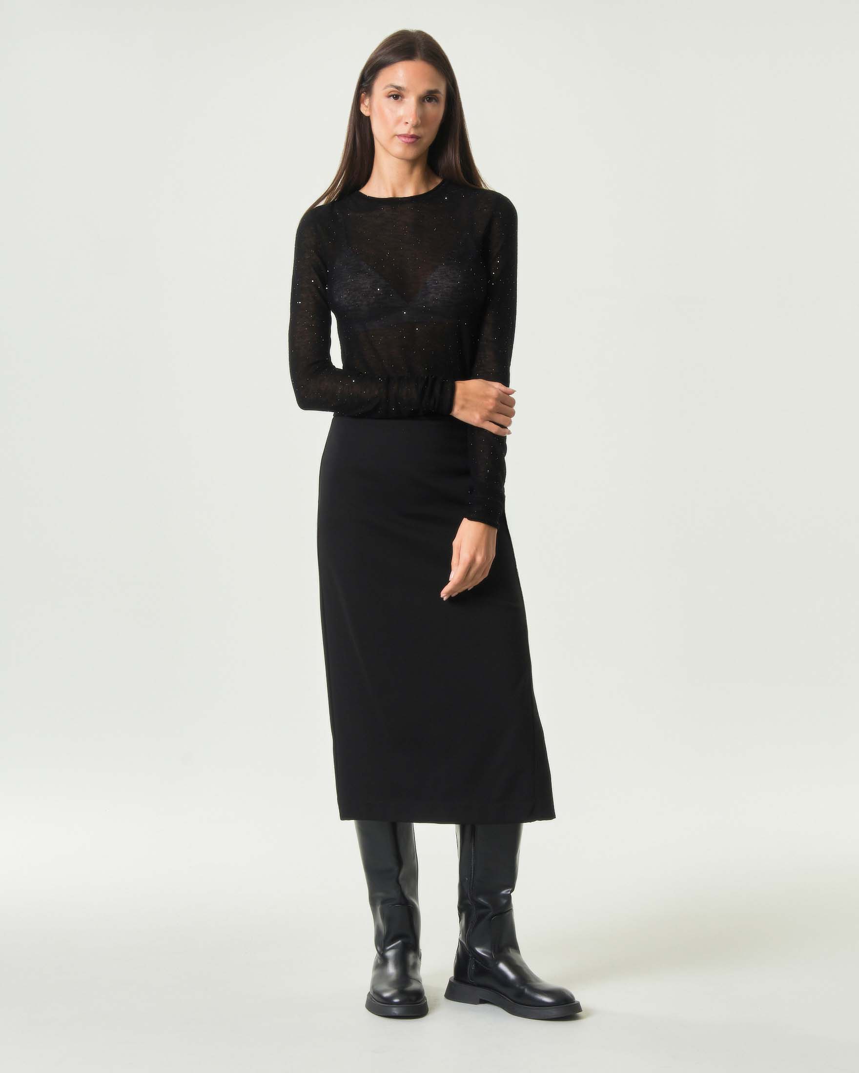 Gonna longuette a matita Pinko nera in viscosa stretch con spacco laterale e drappeggio