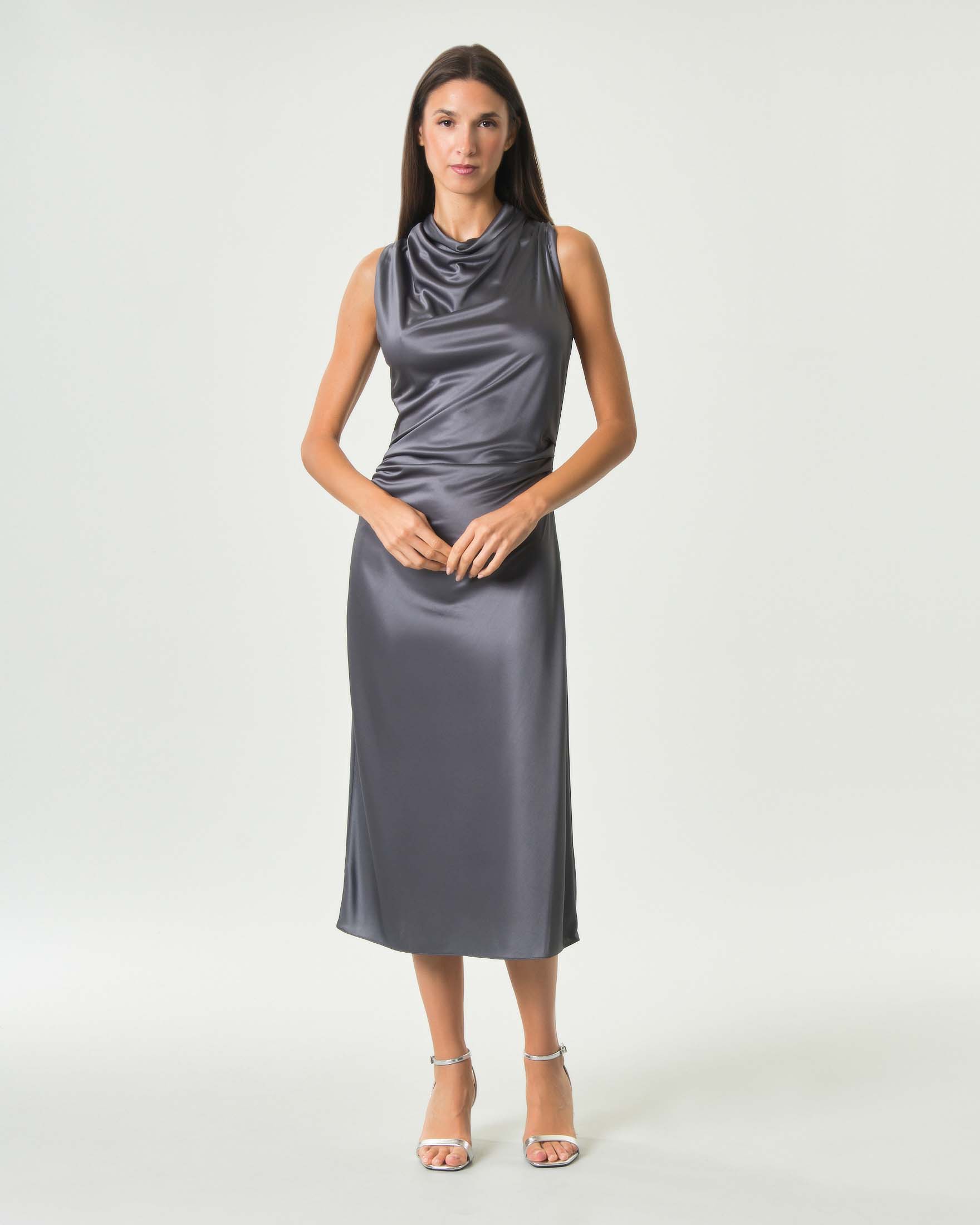 Abito midi a tubino Pinko color piombo in jersey satin smanicato con scollo drappeggiato