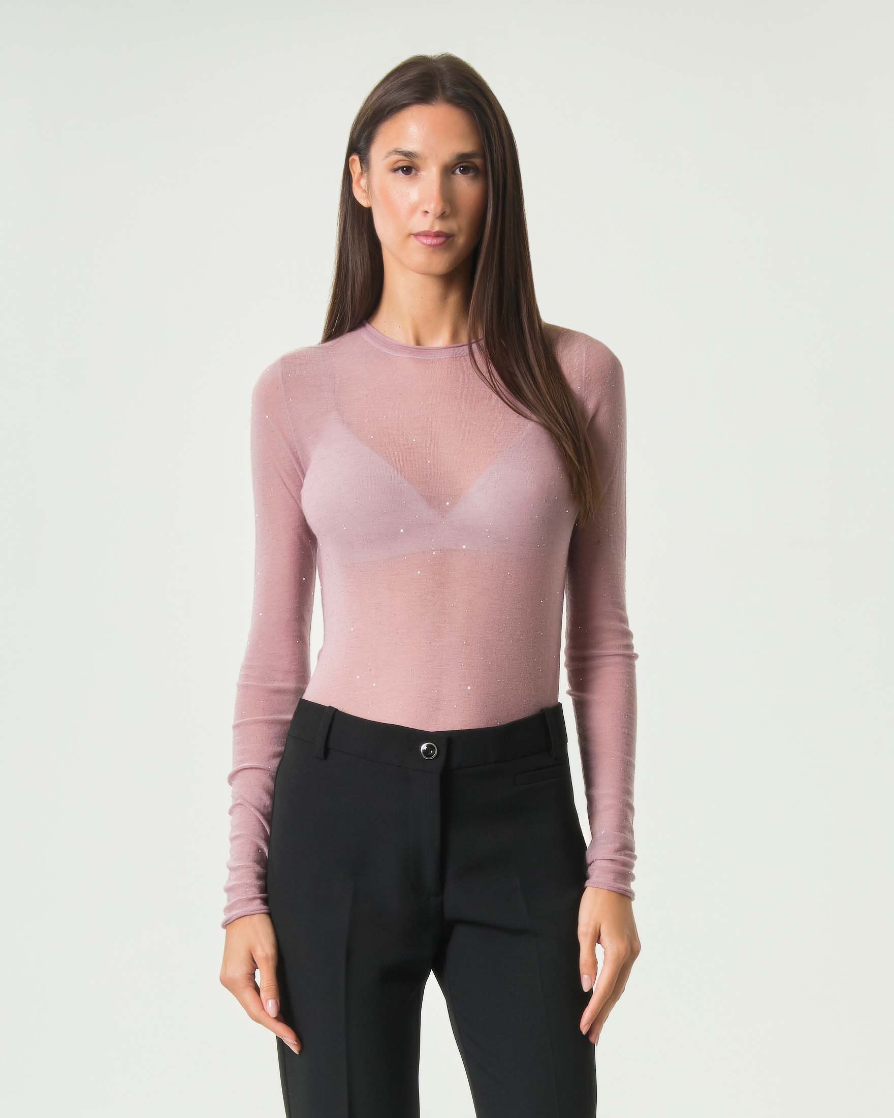 Maglia girocollo slim Pinko rosa in misto lana semitrasparente con micro paillettes
