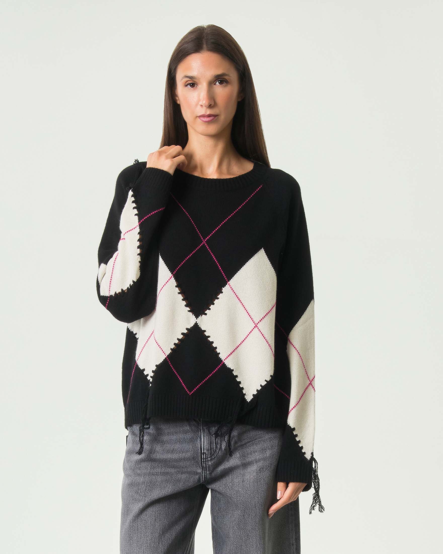 Maglione girocollo Pinko nero in lana e cashmere con decorazione a losanghe a contrasto