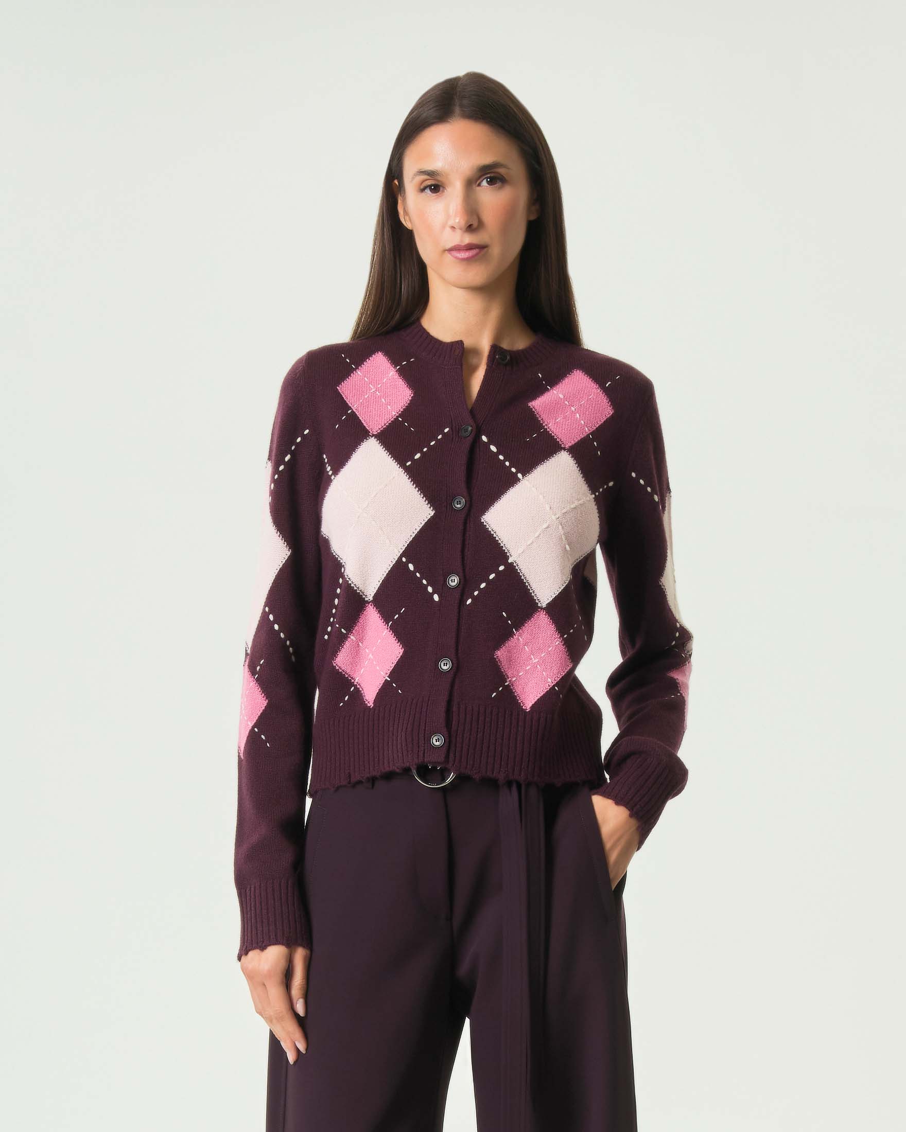 Cardigan Pinko bordeaux in lana e cashmere con motivo a losanghe colorate