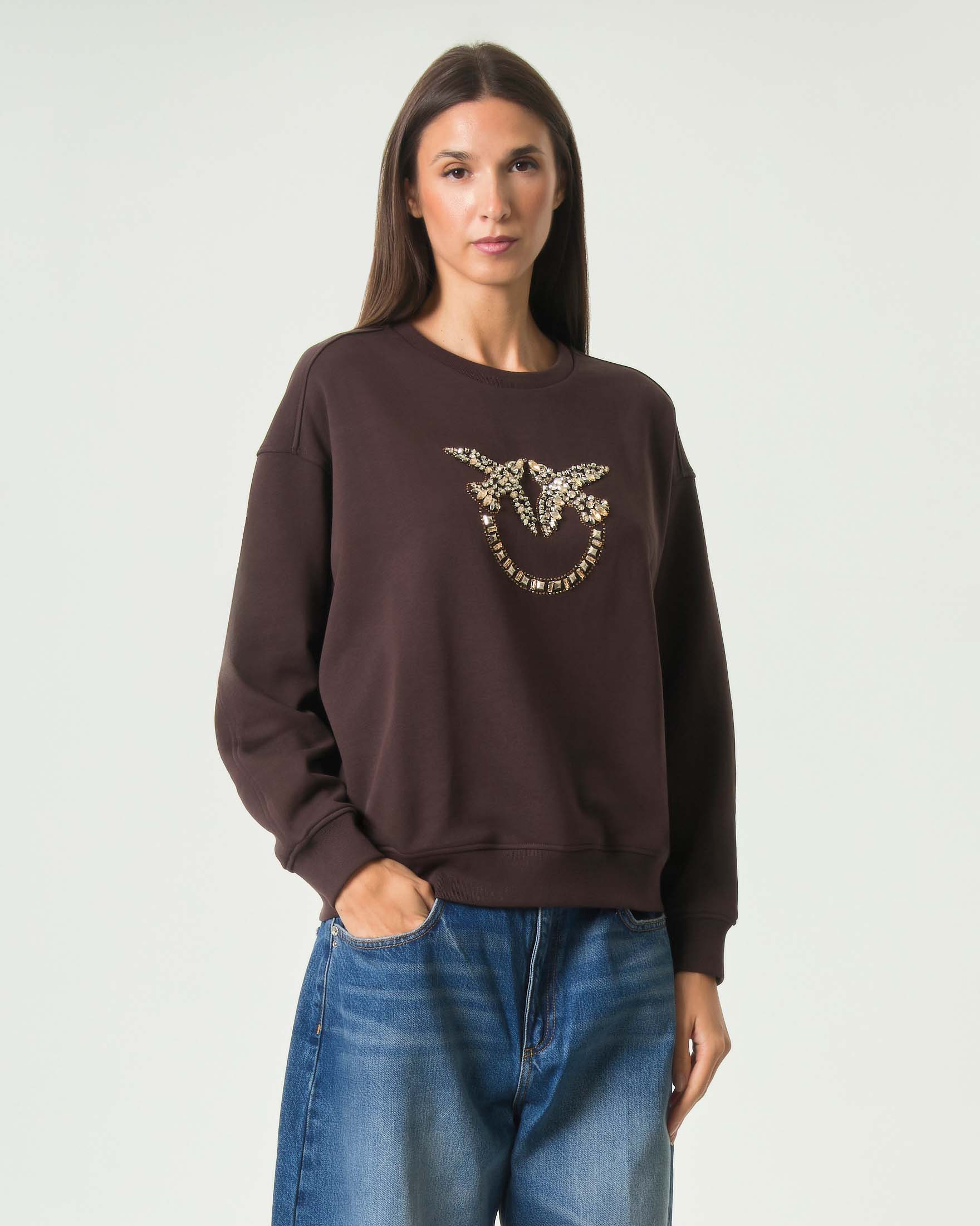 Felpa girocollo Pinko marrone in puro cotone con logo Love Birds in cristalli e bordi a costine