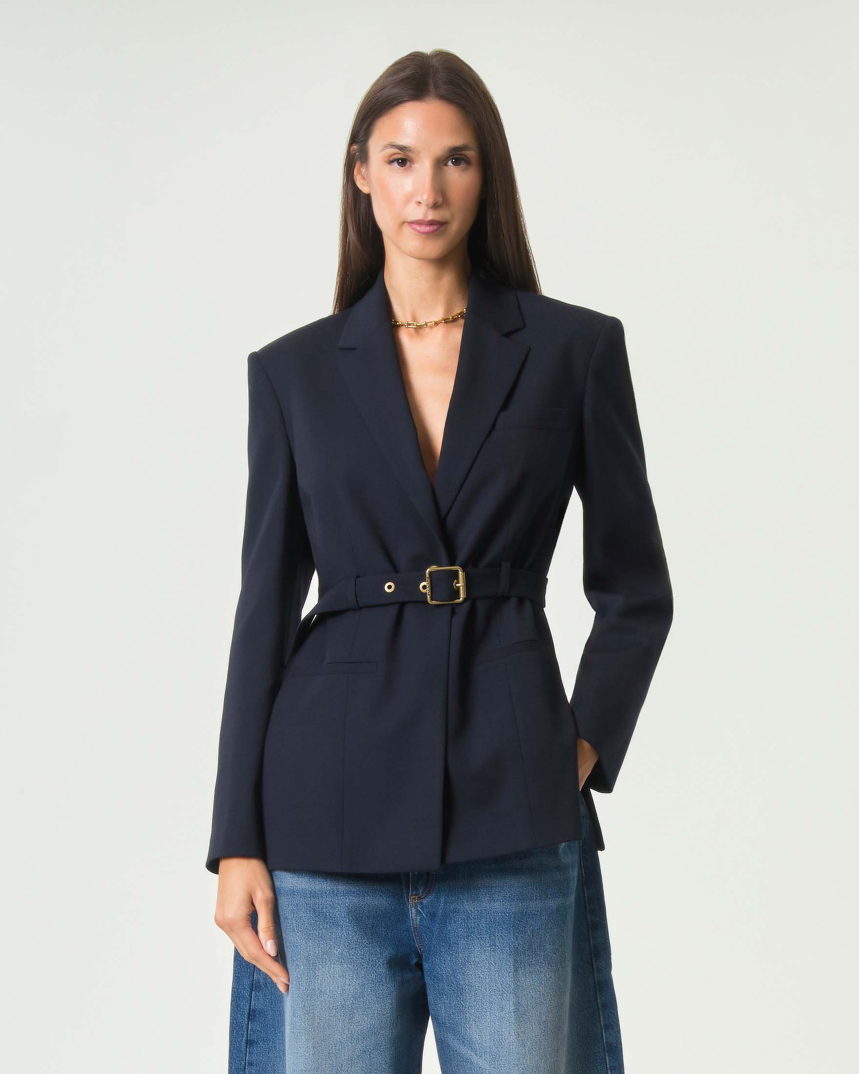 Blazer Pinko blu in misto lana con cintura e fibbia metallica