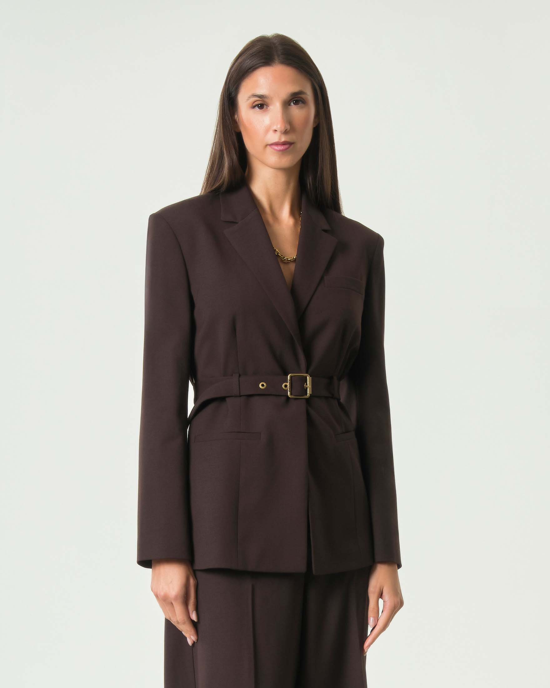 Blazer Pinko marrone in misto lana con cintura e fibbia metallica