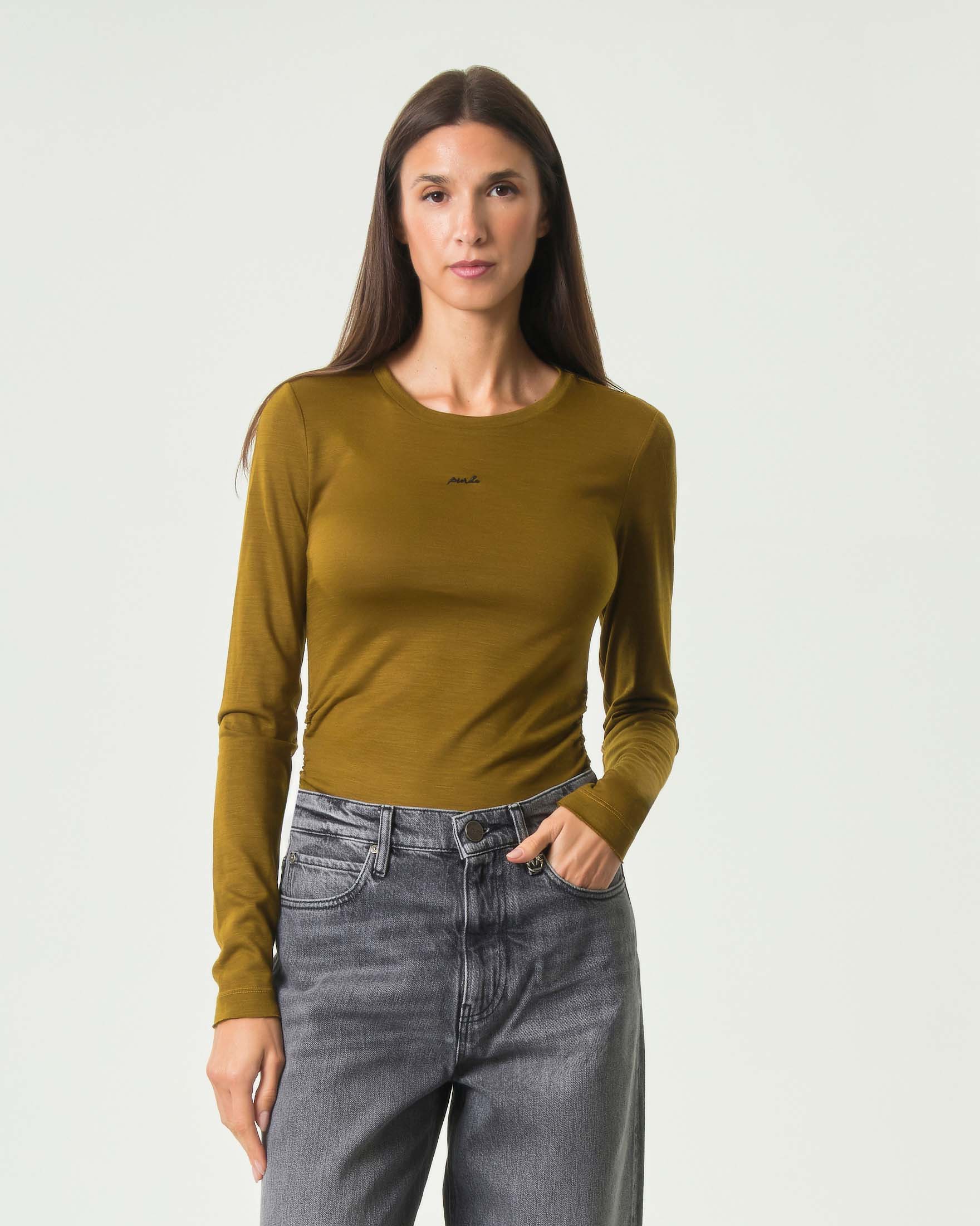 Maglia slim Pinko color olio in misto lana con micrologo a contrasto