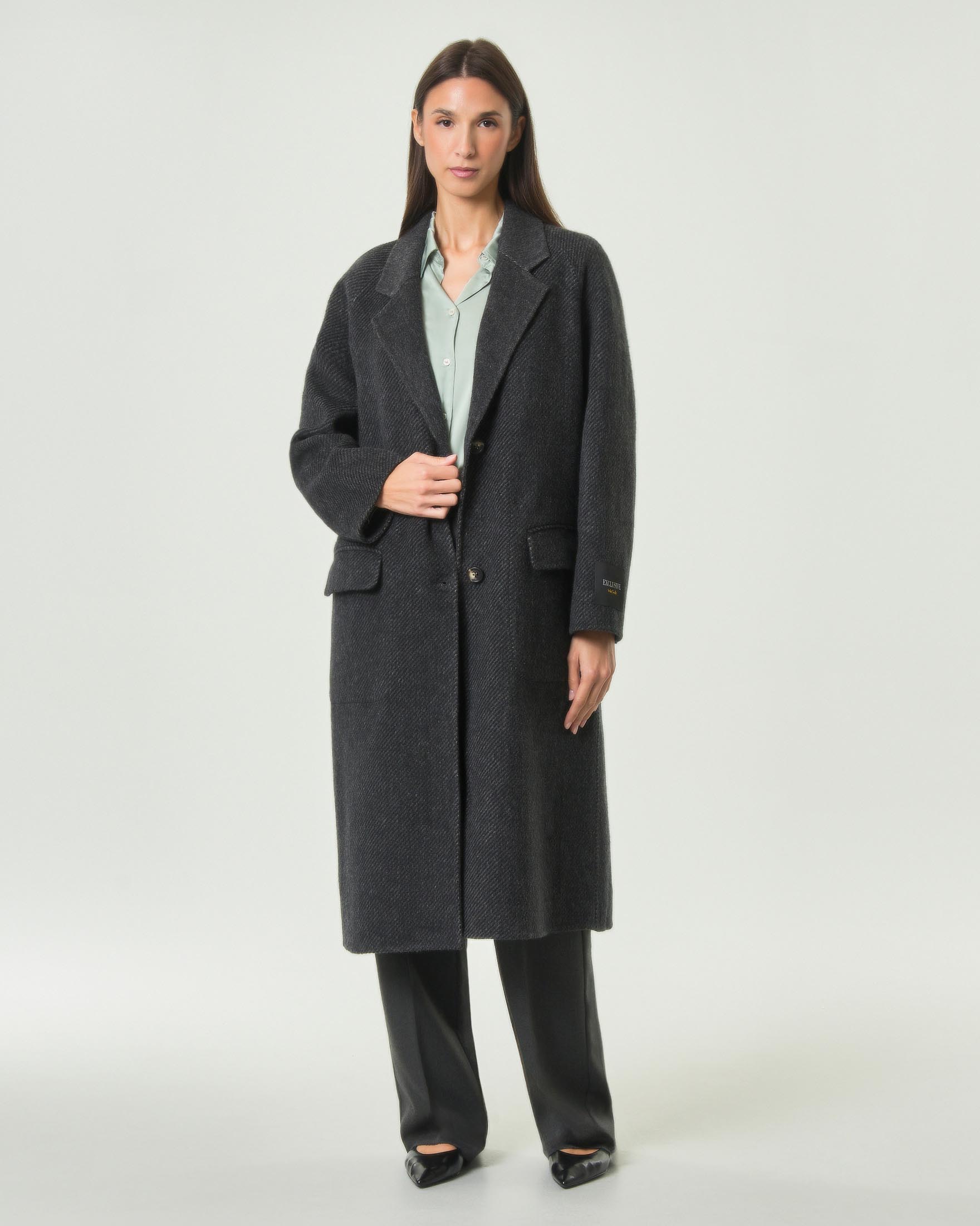 Cappotto lungo monopetto reversibile Wu'Side antracite in pura lana con spacco sul retro
