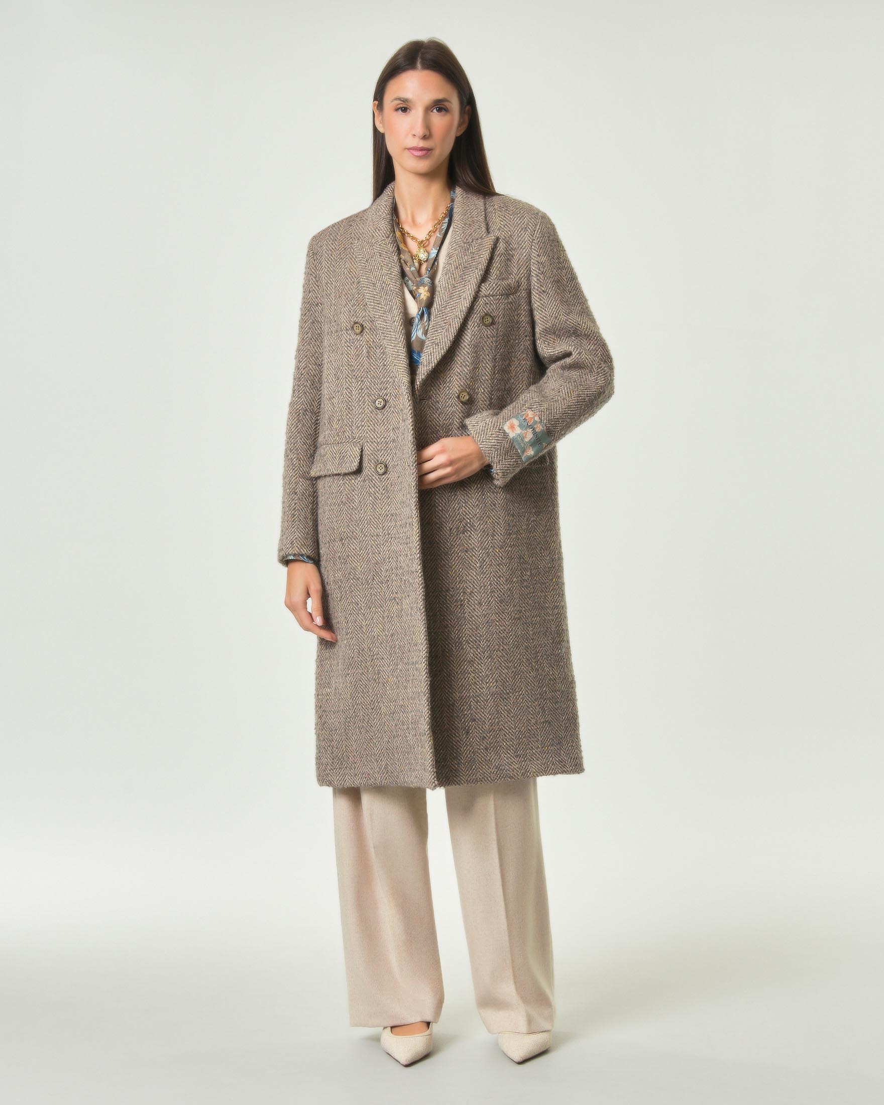 Cappotto midi doppiopetto Wu'Side greige in misto lana spinato melange con taschino sul petto
