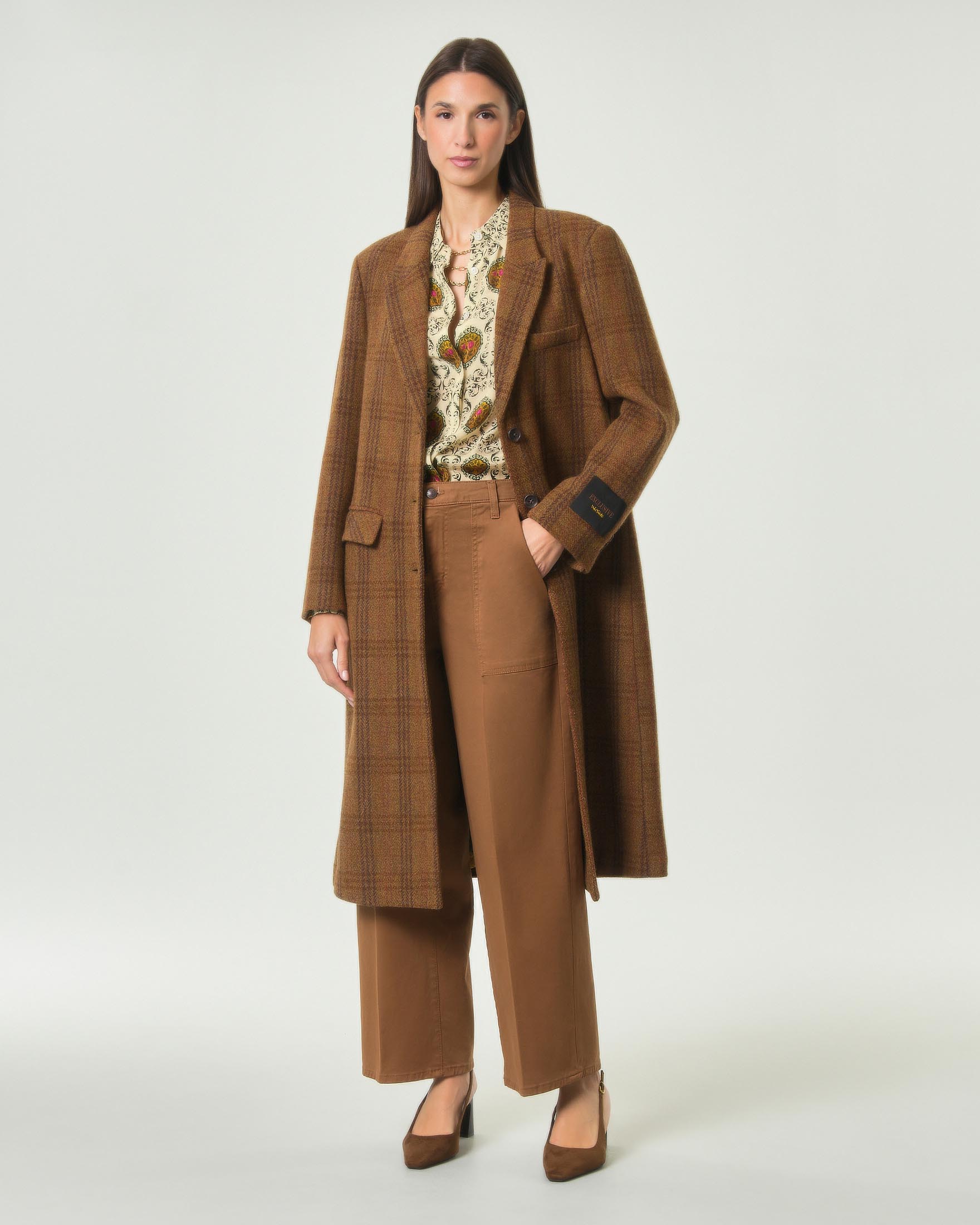 Cappotto lungo Wu'Side color tabacco in pura lana a fantasia check vintage con taschino sul petto