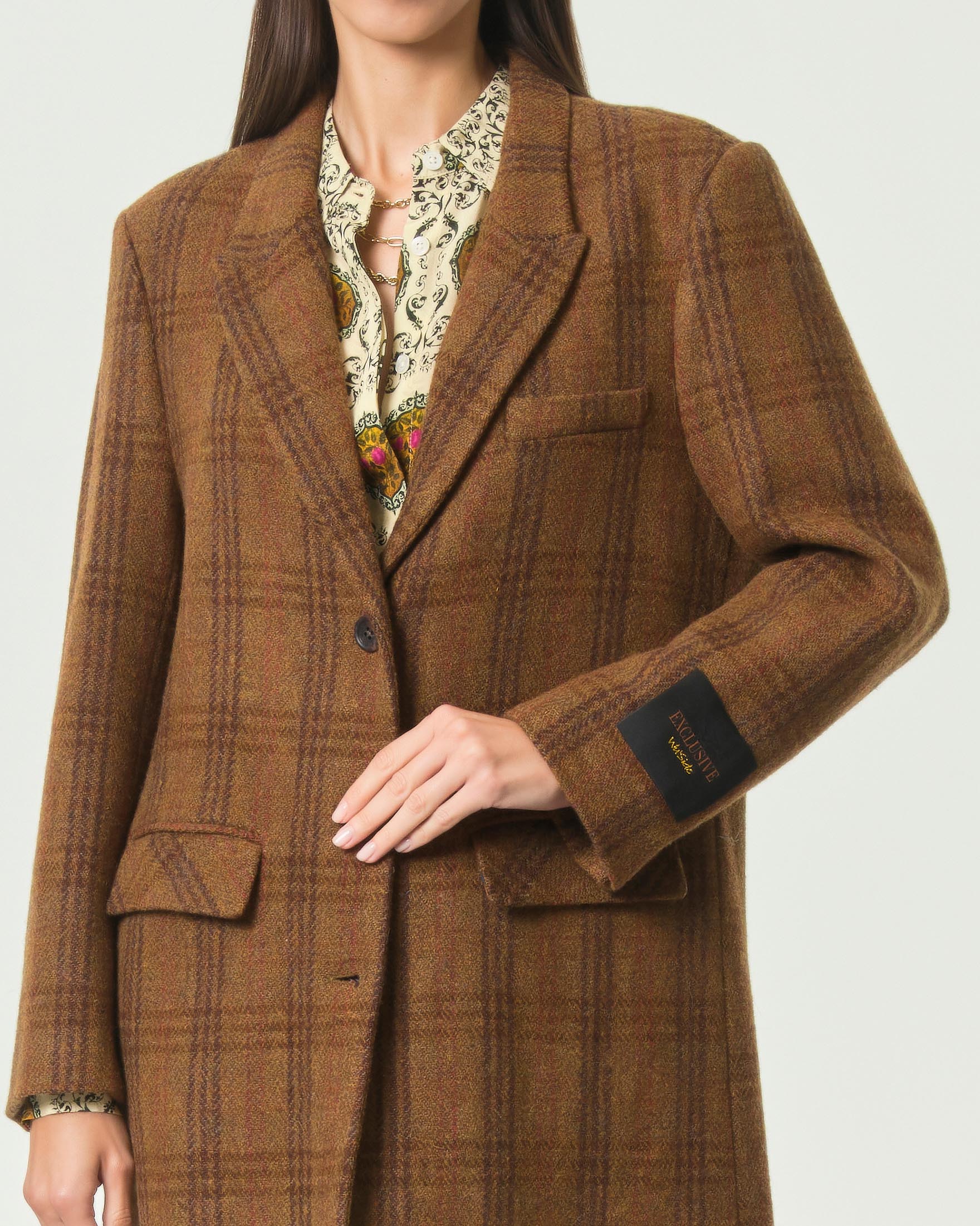 Cappotto lungo Wu'Side color tabacco in pura lana a fantasia check vintage con taschino sul petto image