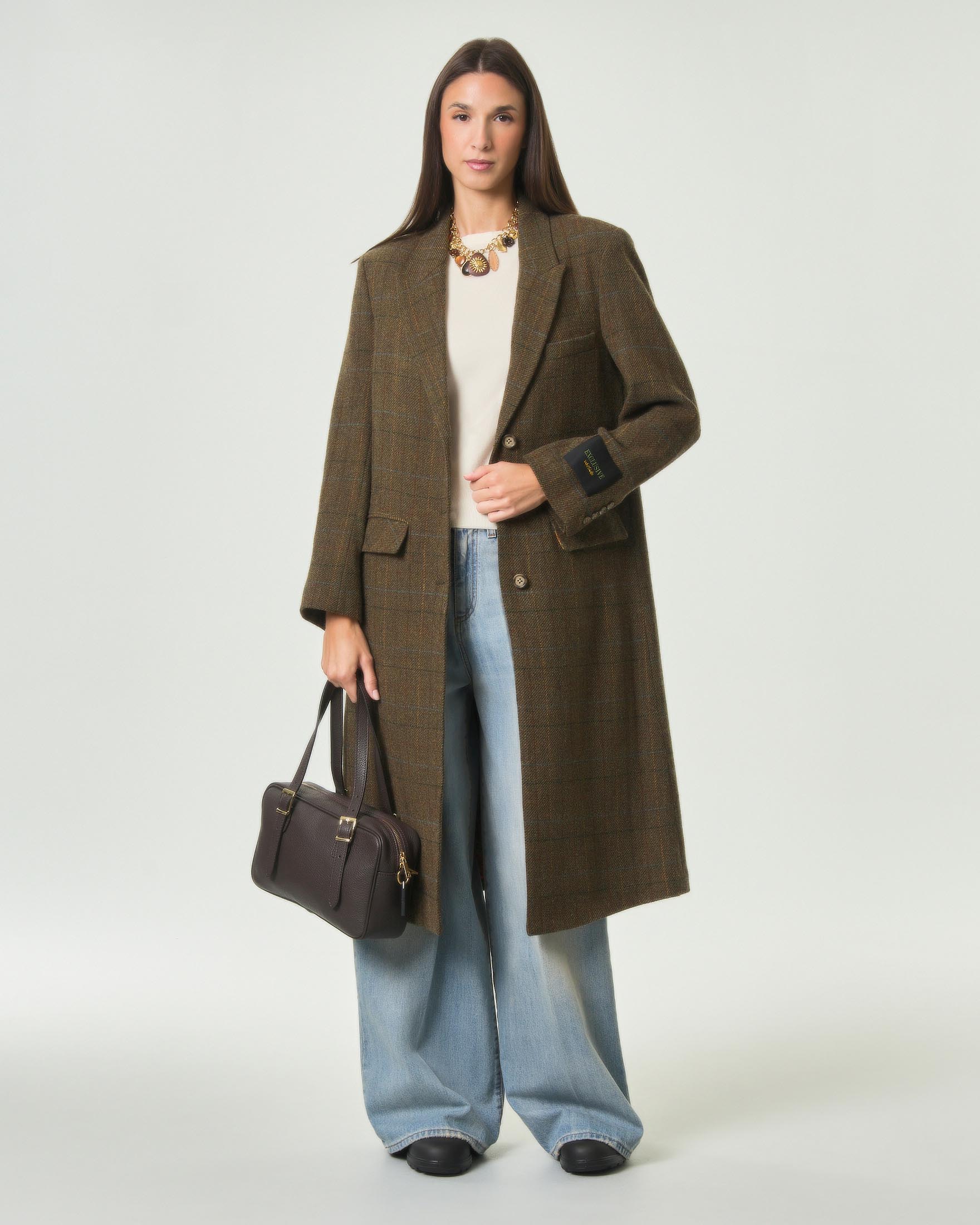 Cappotto lungo Wu'Side verde militare in pura lana a fantasia check vintage con taschino sul petto