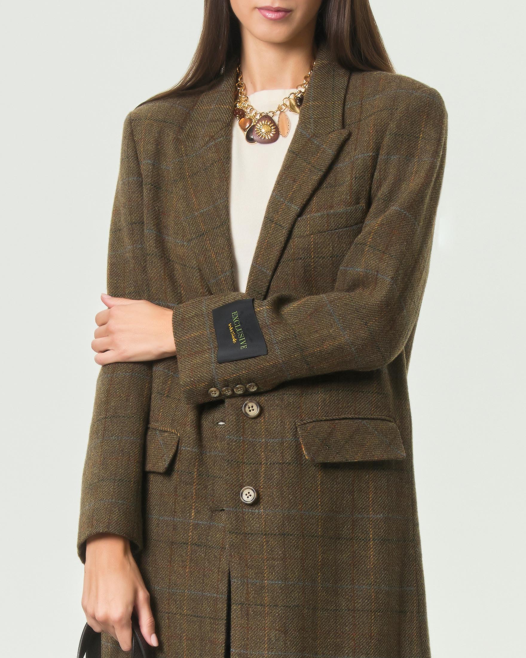 Cappotto lungo Wu'Side verde militare in pura lana a fantasia check vintage con taschino sul petto image