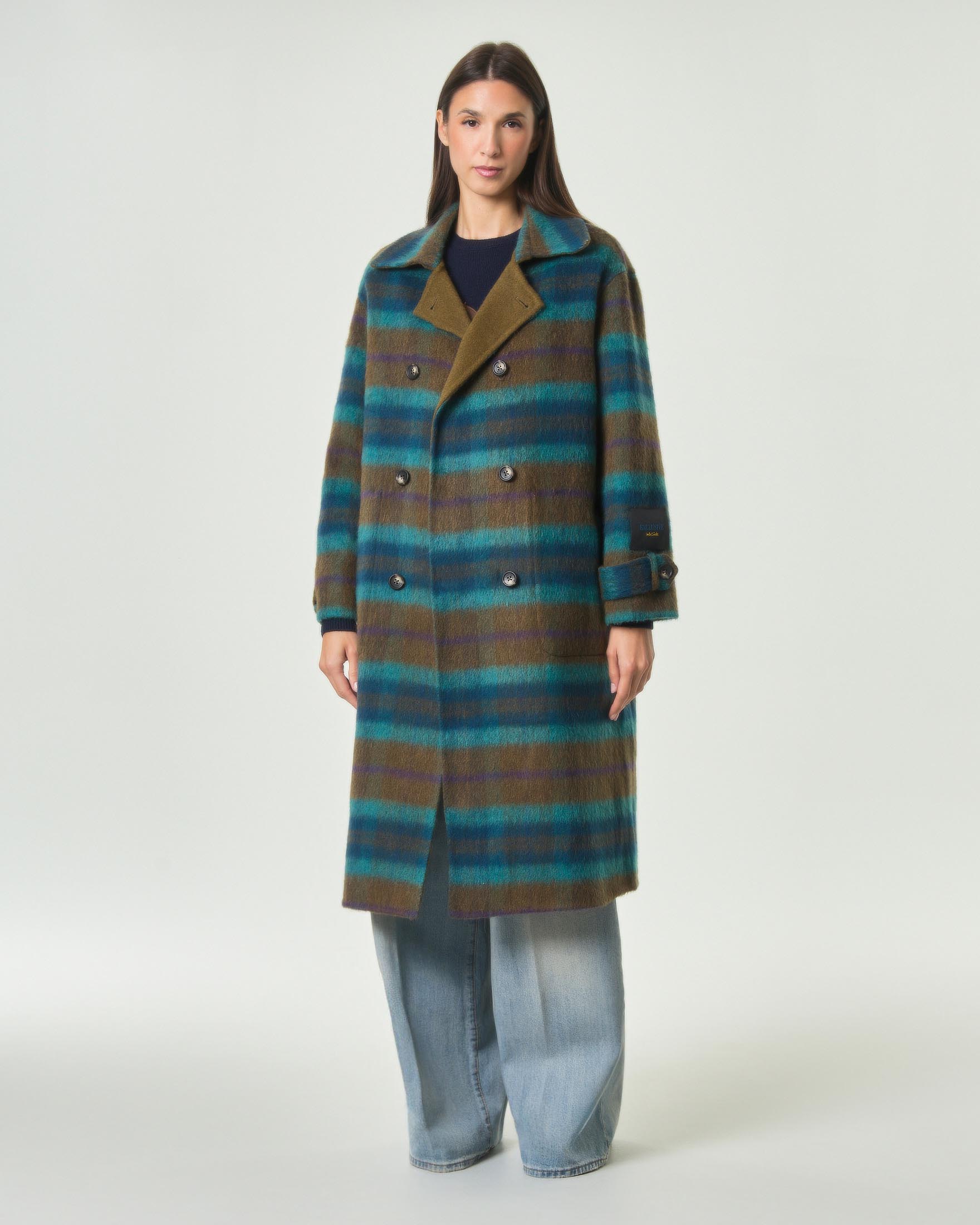 Cappotto lungo doppiopetto reversibile Wu'Side color olio in misto lana e fantasia tartan sul turchese