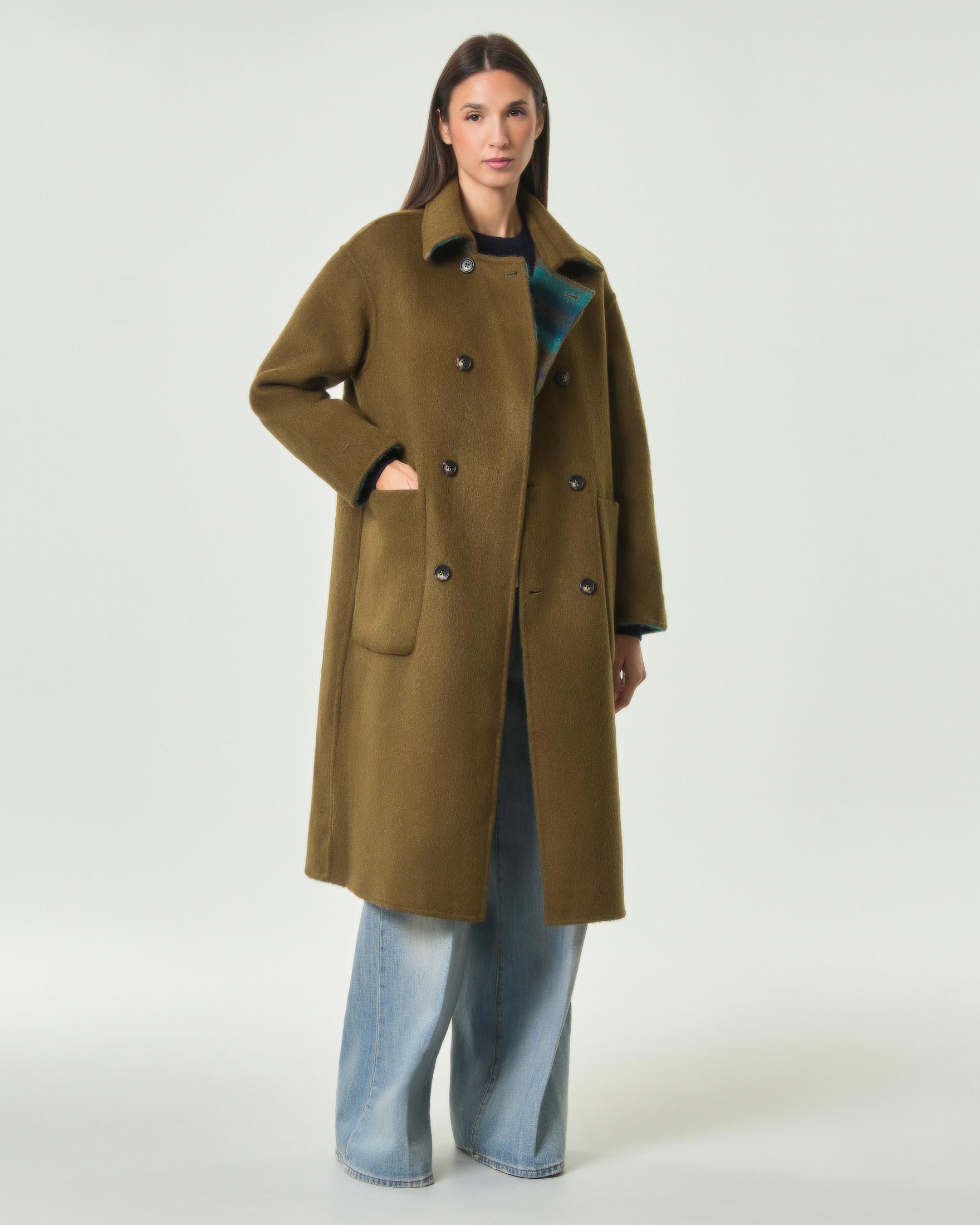 Cappotto lungo doppiopetto reversibile Wu'Side color olio in misto lana e fantasia tartan sul turchese image