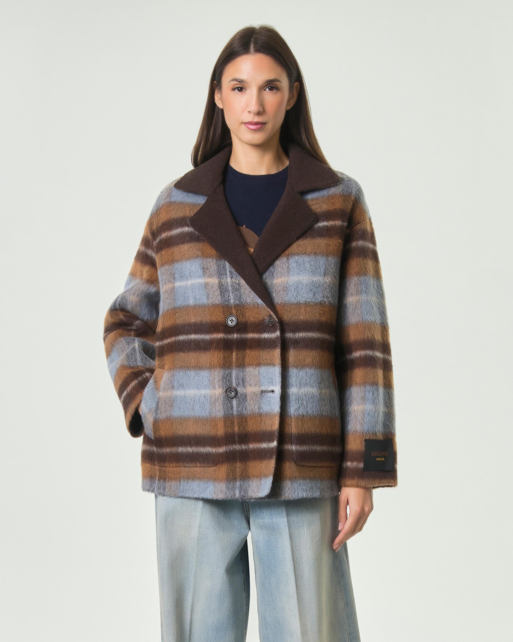Caban doppiopetto reversibile Wu'Side marrone e motivo tartan azzurro in misto lana e alpaca