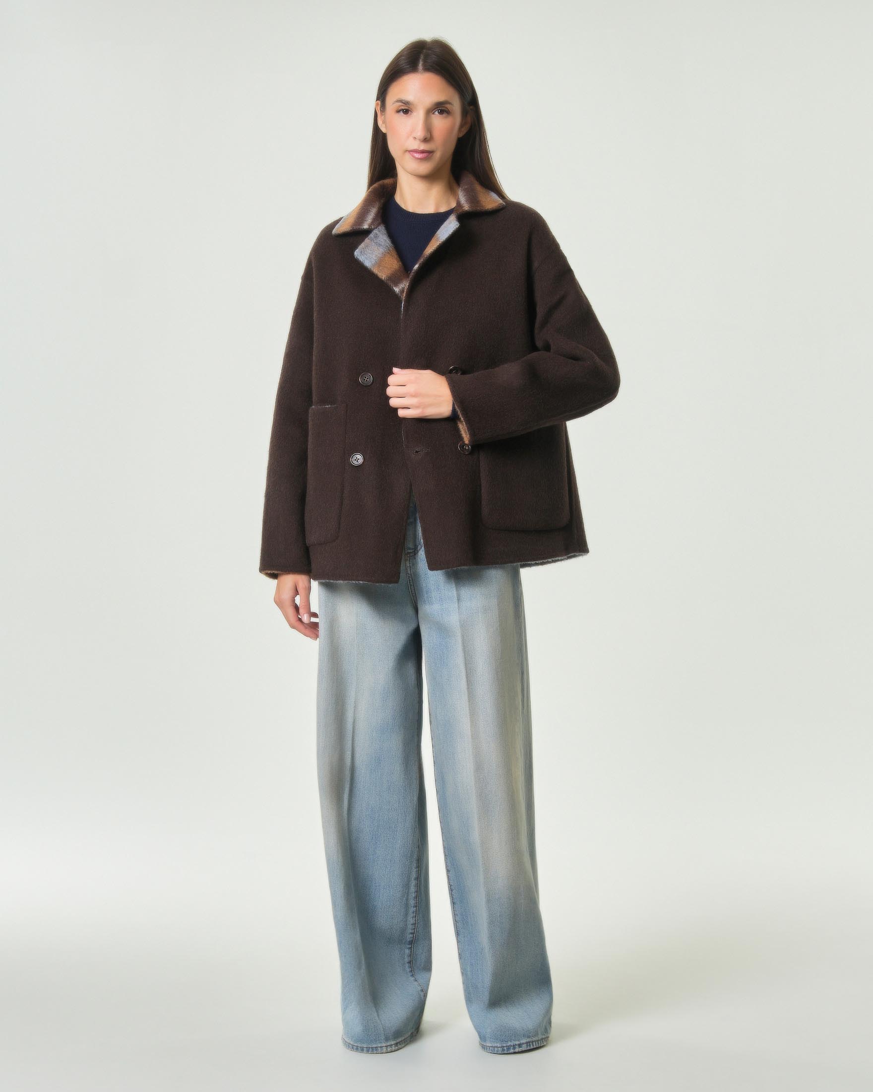 Caban doppiopetto reversibile Wu'Side marrone e motivo tartan azzurro in misto lana e alpaca image