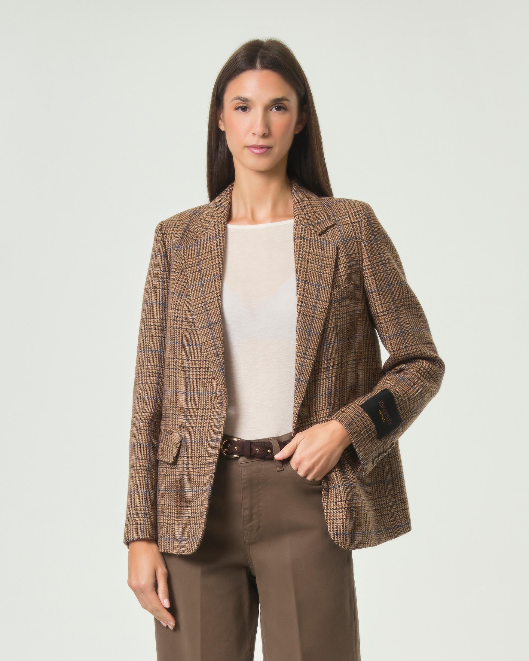 Blazer monopetto Wu'Side cammello in pura lana a fantasia Principe di Galles
