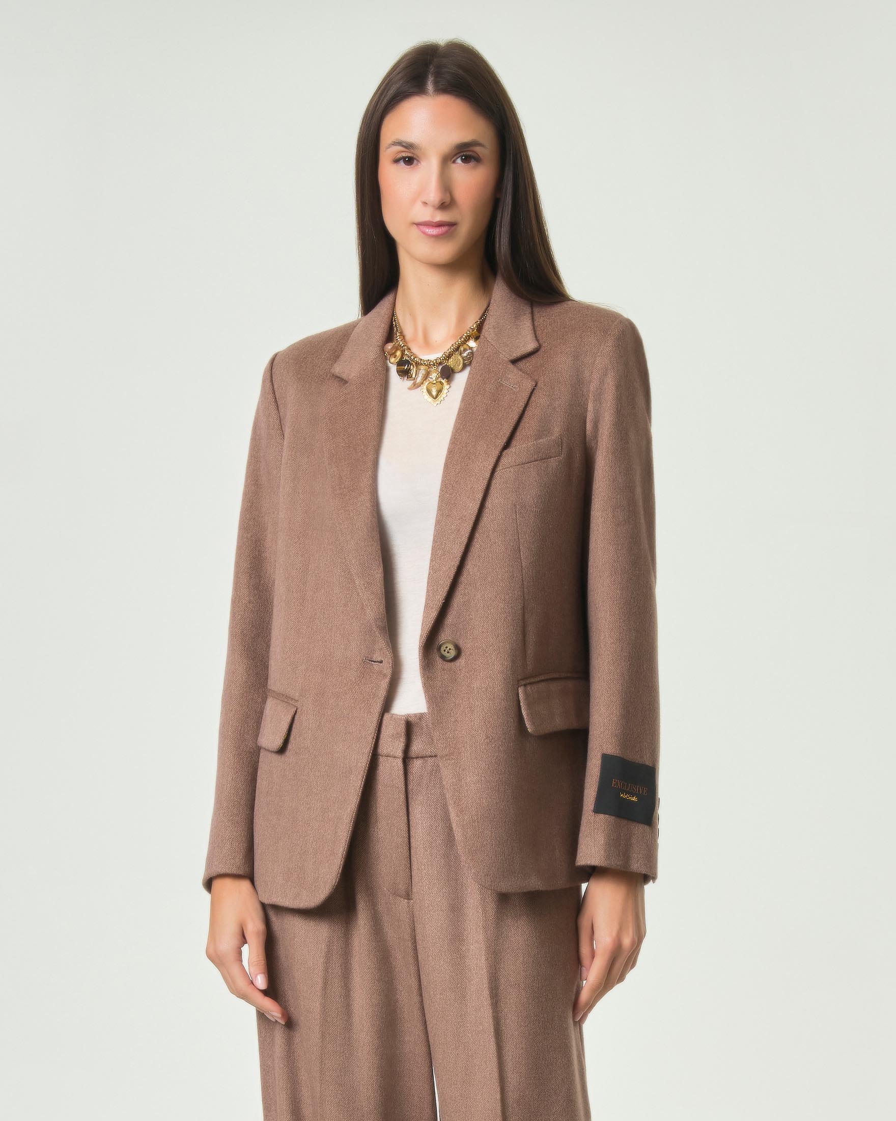 Blazer monopetto Wu'Side color cammello in pura lana melange a trama spinata