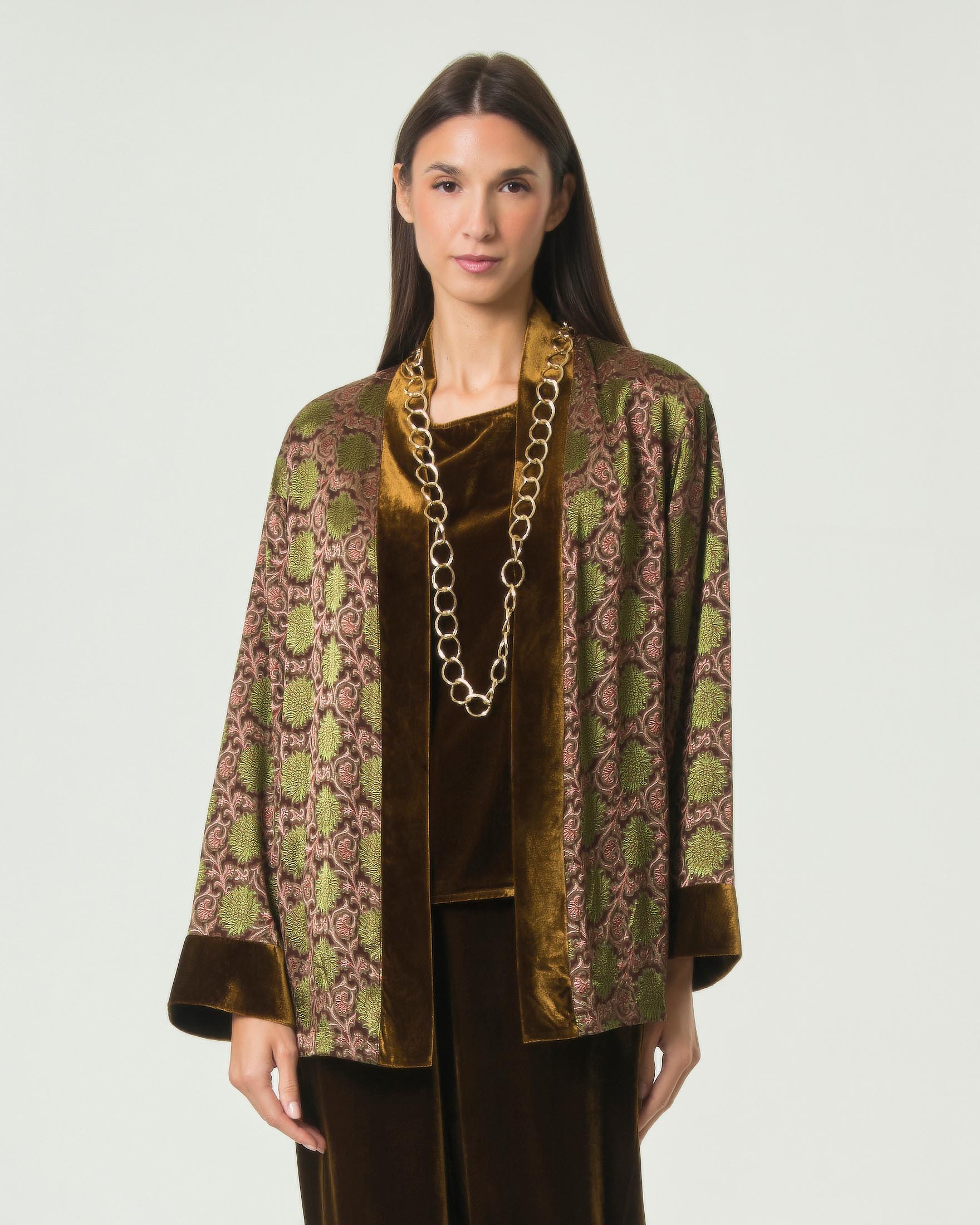 Giacca kimono Wu'Side marrone in misto seta e viscosa damascata con bordi in velluto liscio