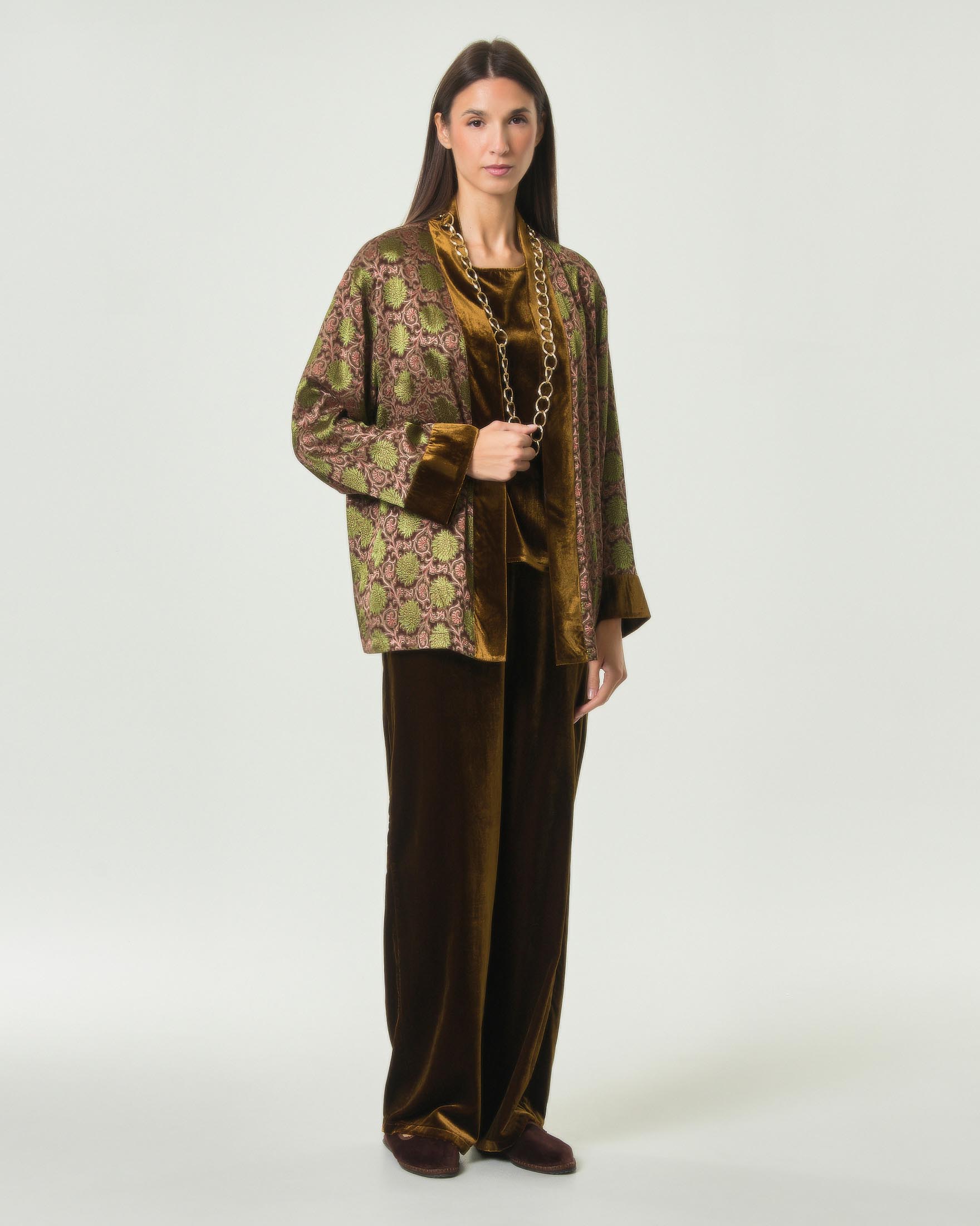 Giacca kimono Wu'Side marrone in misto seta e viscosa damascata con bordi in velluto liscio image