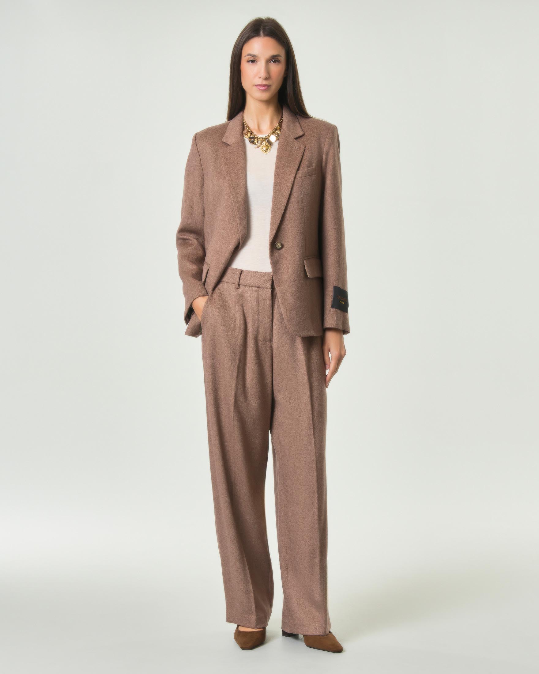 Pantaloni wide Wu'Side cammello in misto lana viscosa e cashmere a trama spinata