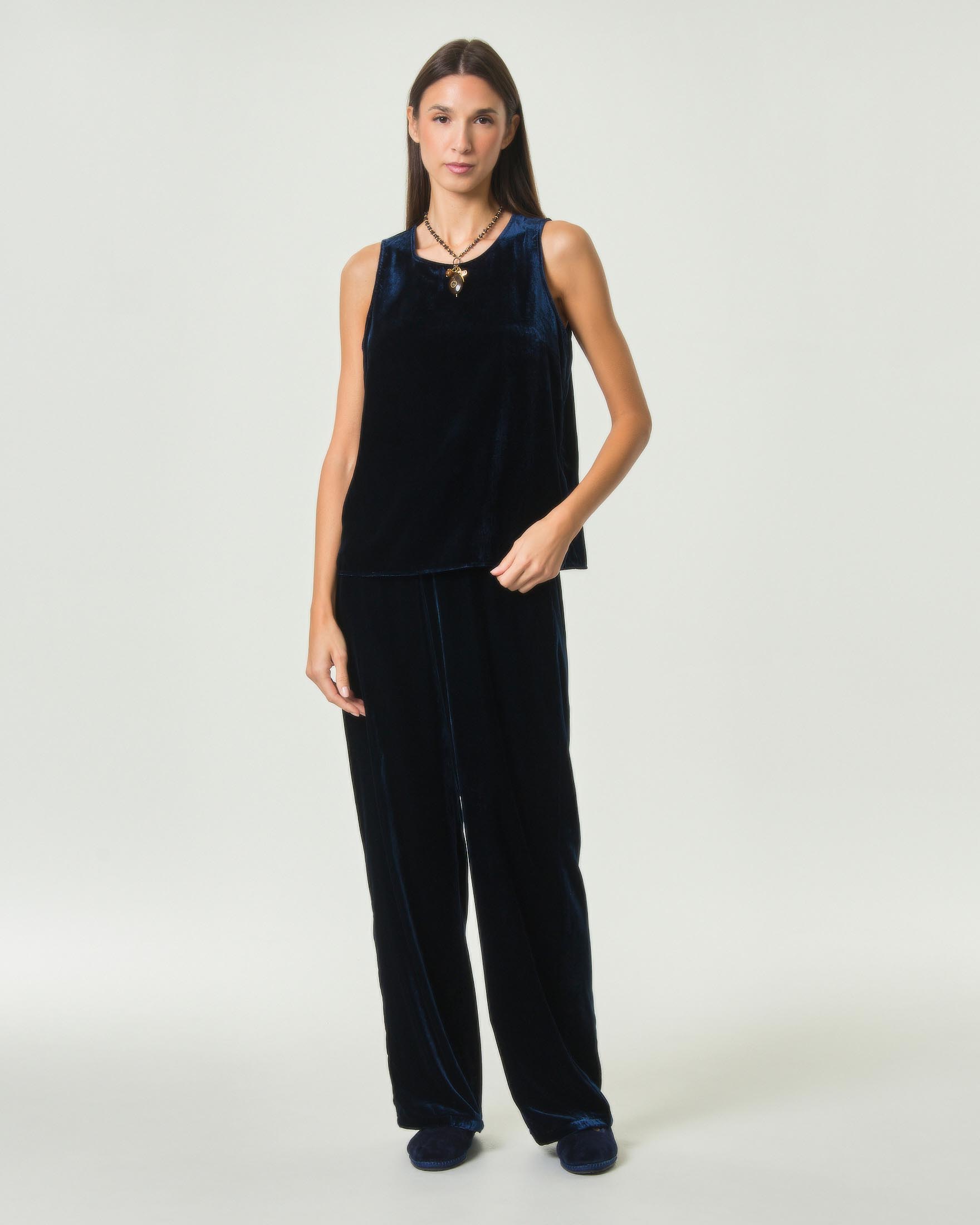 Pantaloni palazzo Wu'Side blu in velluto liscio a gamba dritta con tasche laterali alla francese