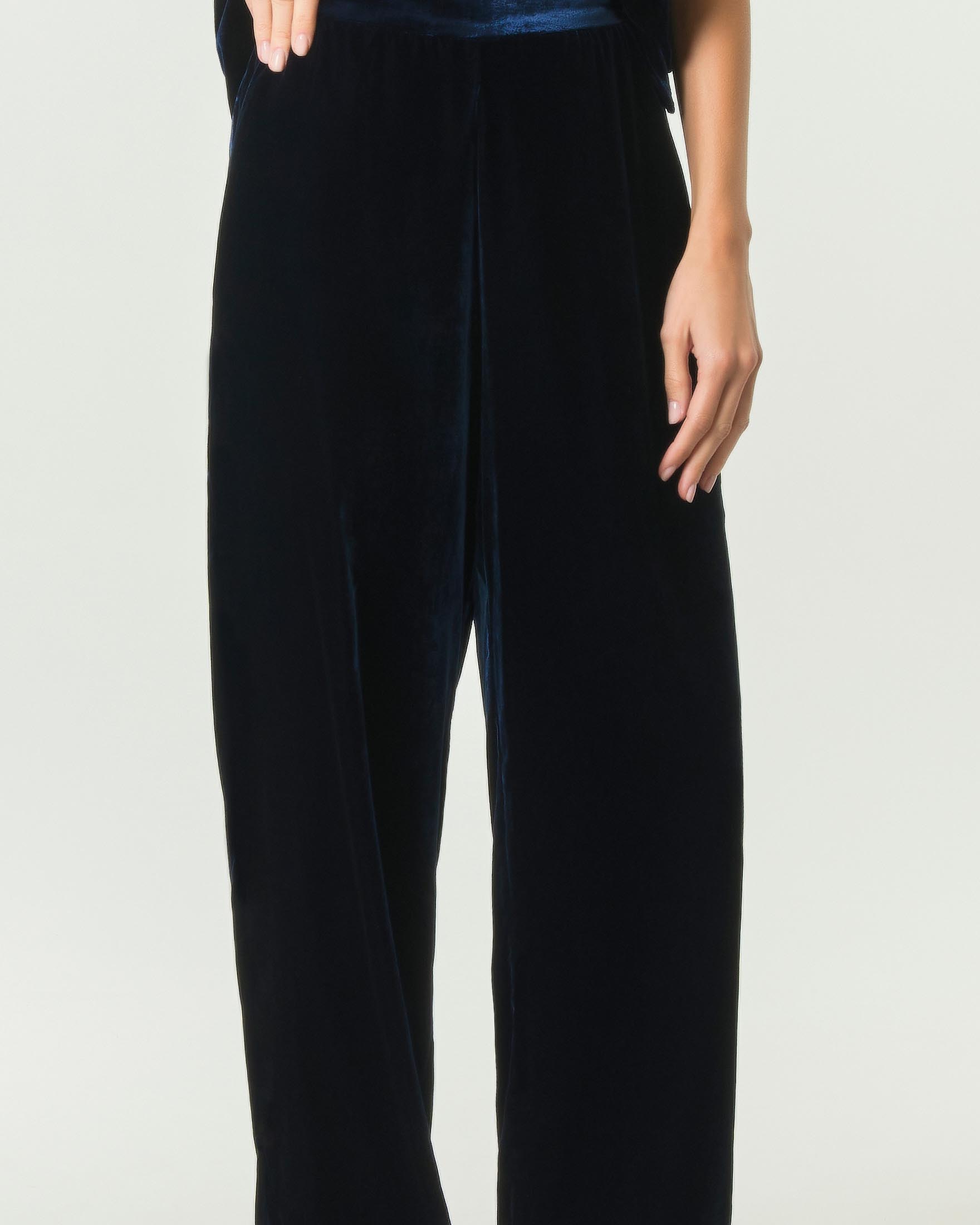 Pantaloni palazzo Wu'Side blu in velluto liscio a gamba dritta con tasche laterali alla francese image