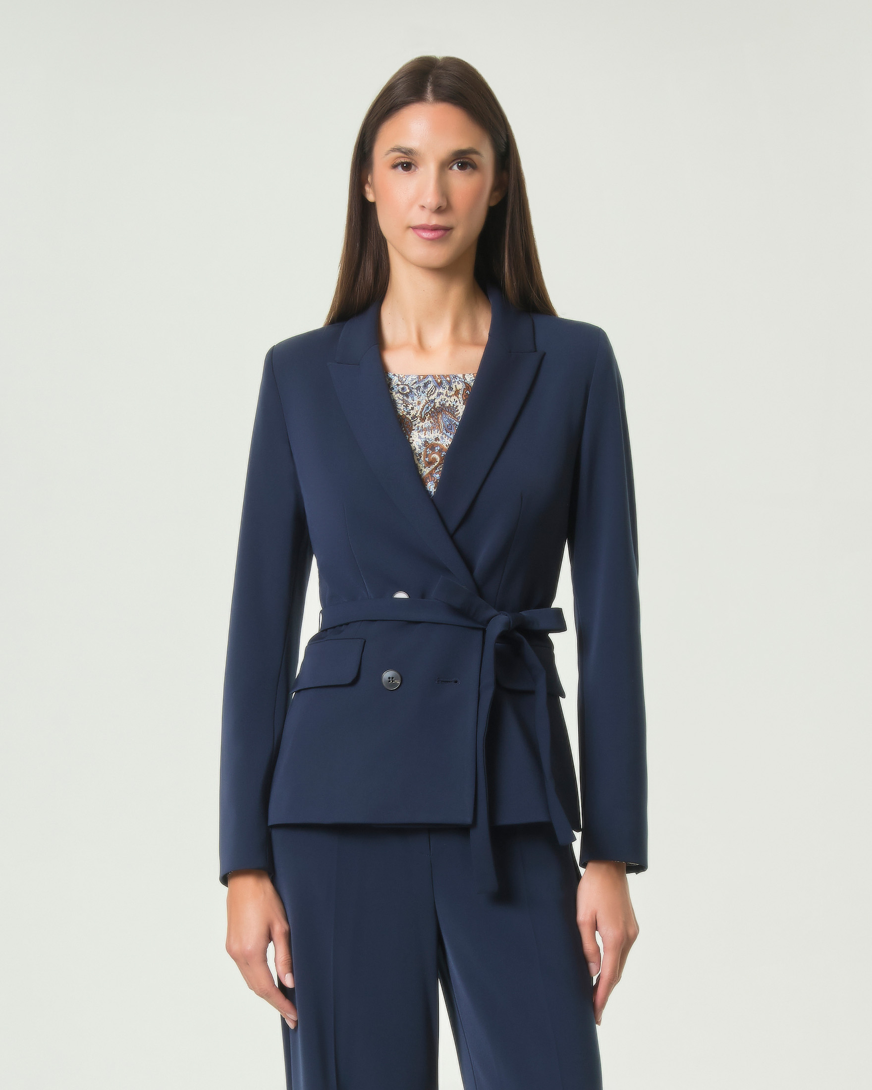 Blazer doppiopetto Emme Marella blu in misto viscosa stretch con cintura e fianchetti sagomati