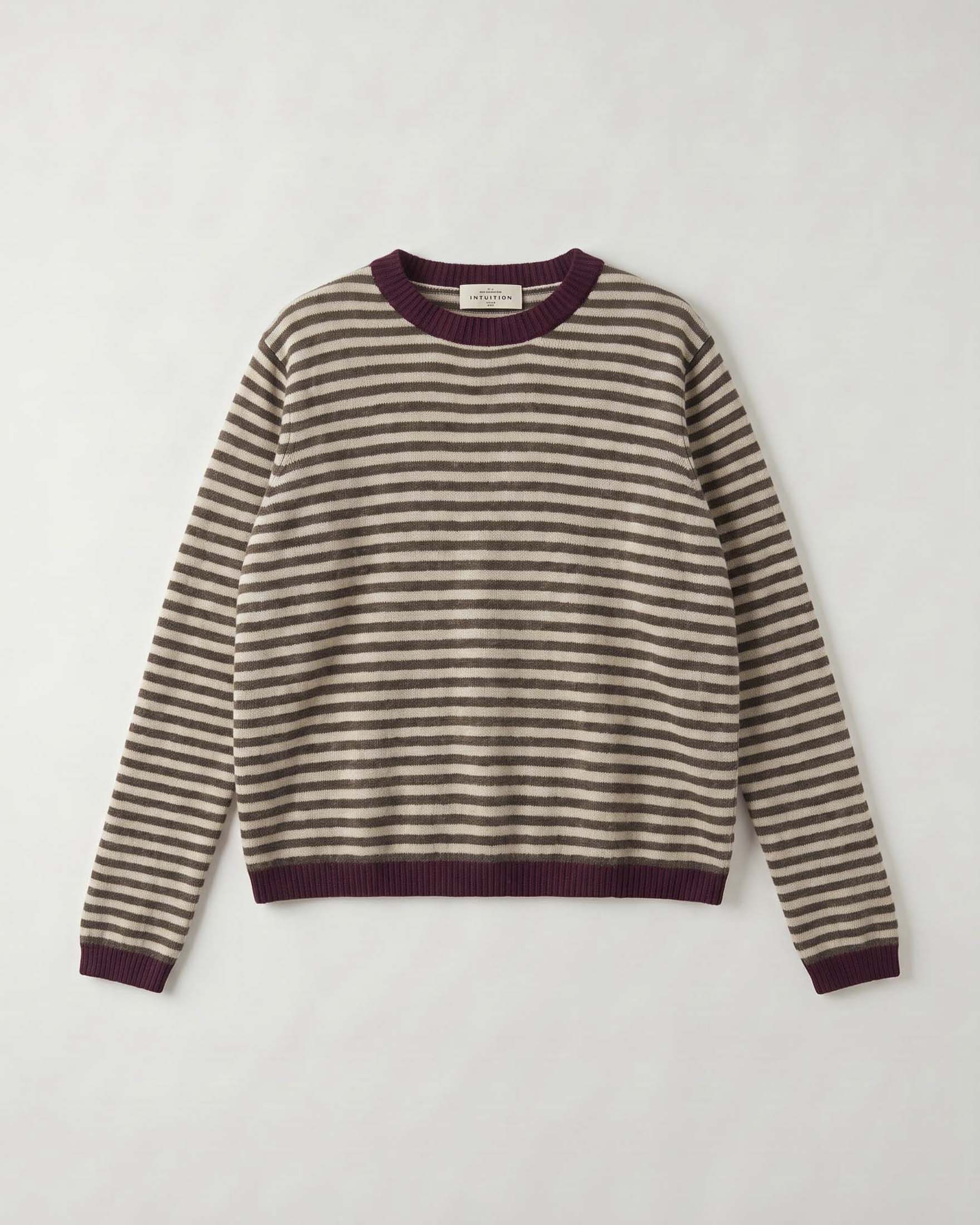 Maglia girocollo Intuition Paris beige in misto cashmere e lana a righe sottili marroni con bordi bordeaux