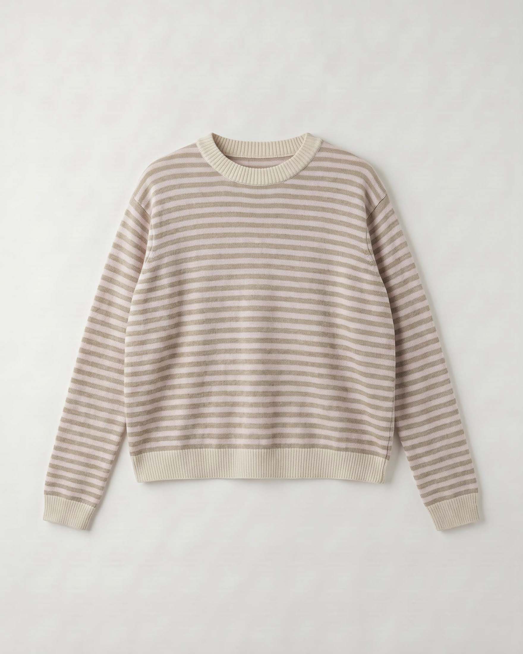 Maglia girocollo Intuition Paris rosa in misto cashmere e lana a righe sottili beige con bordi bianchi