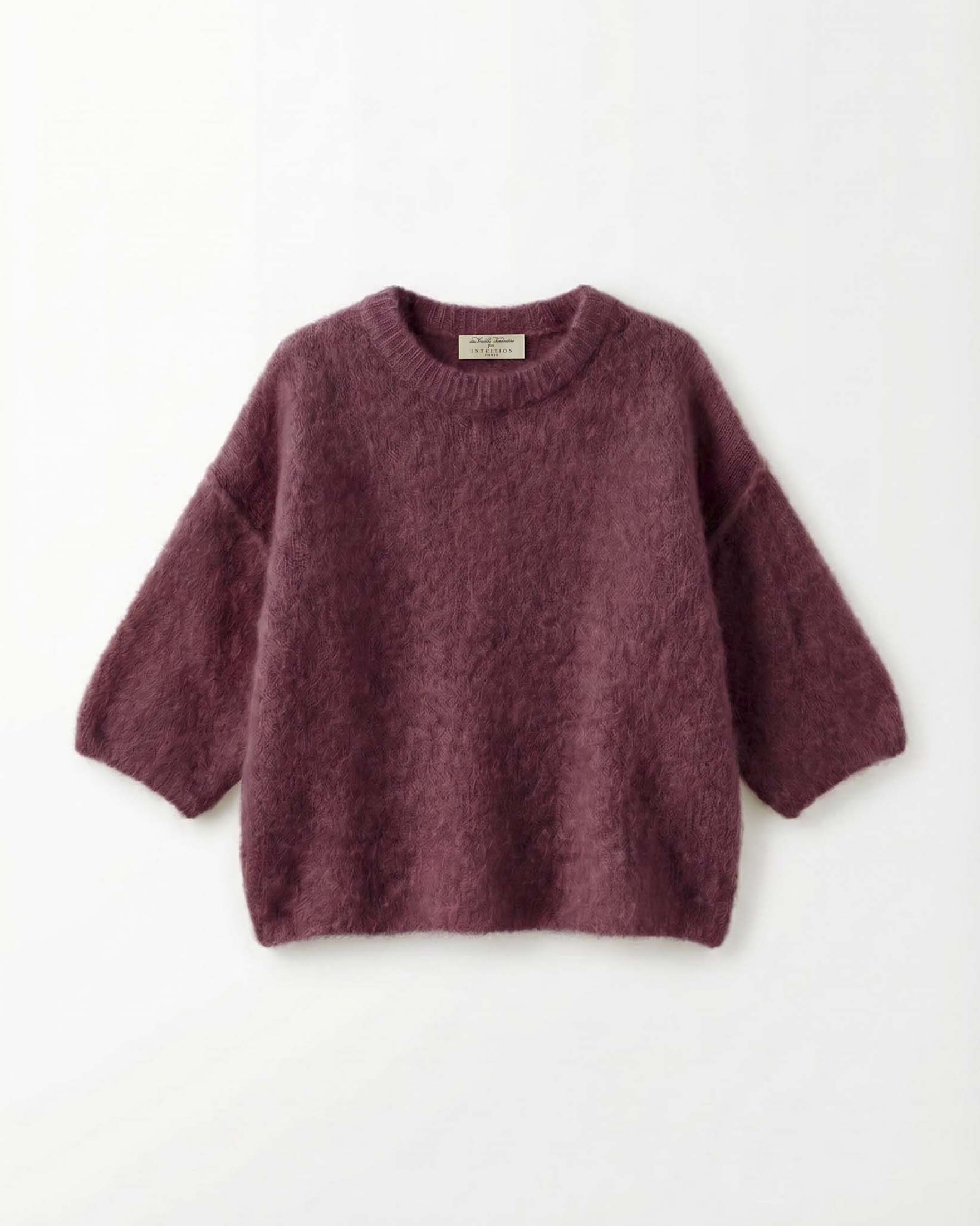 Maglia boxy Intuition Paris bordeaux in mohair con maniche a tre quarti e bordo scollo a coste