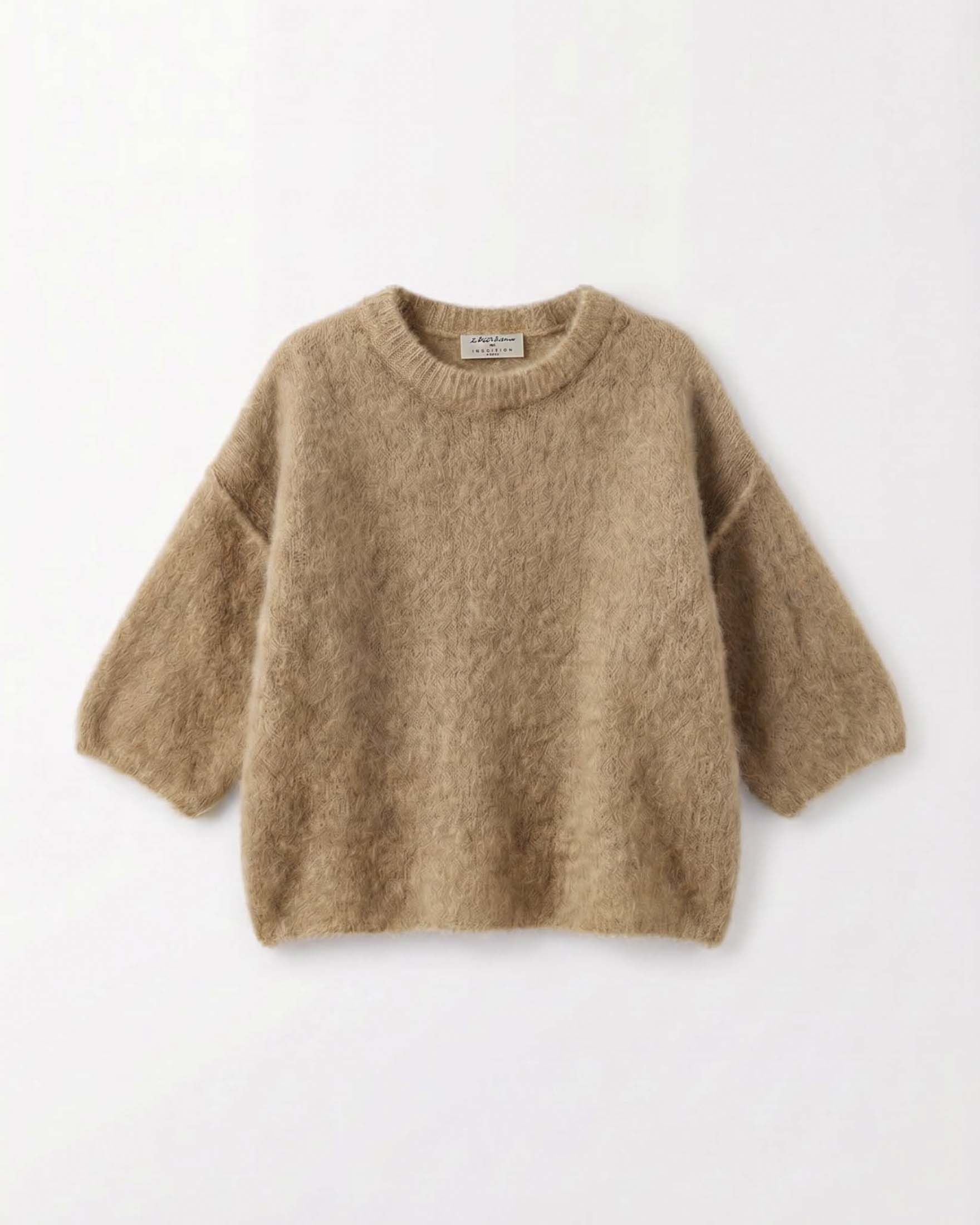 Maglia boxy Intuition Paris cammello in mohair con maniche a tre quarti e bordo scollo a coste