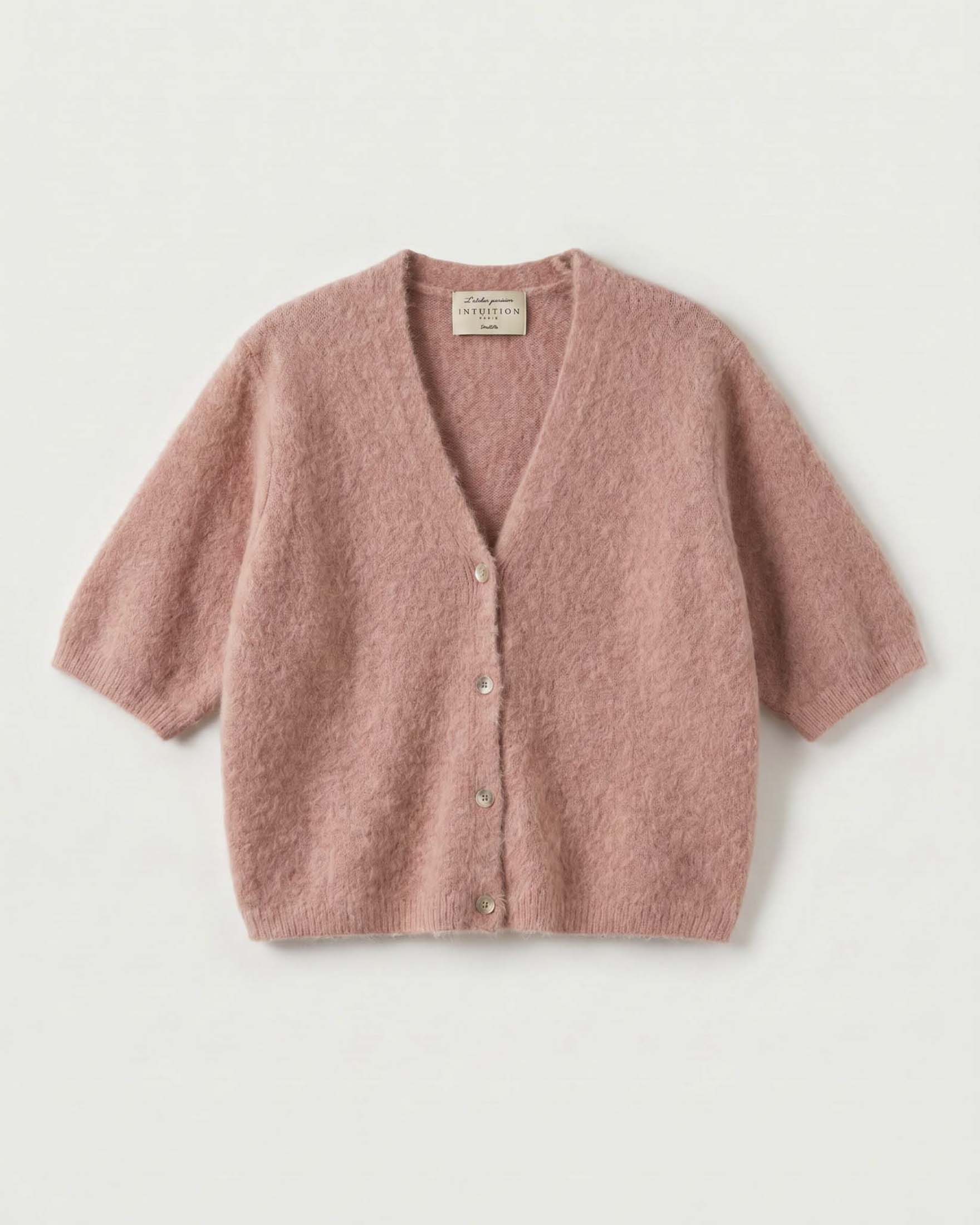 Cardigan a mezze maniche Intuition Paris rosa antico in misto lana e angora con scollo a V