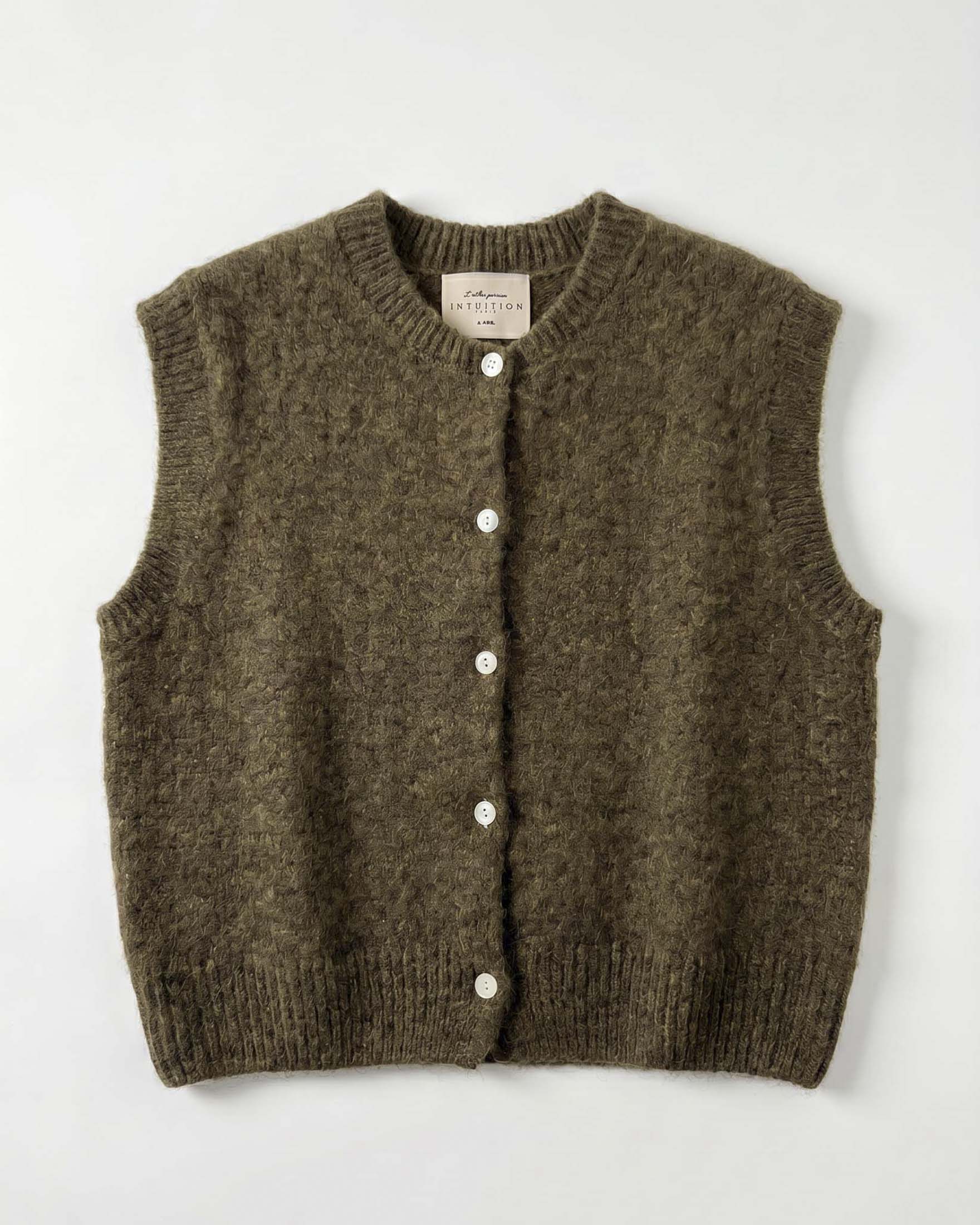 Cardigan smanicato girocollo Intuition Paris militare in misto mohair e lana con bordi a costine