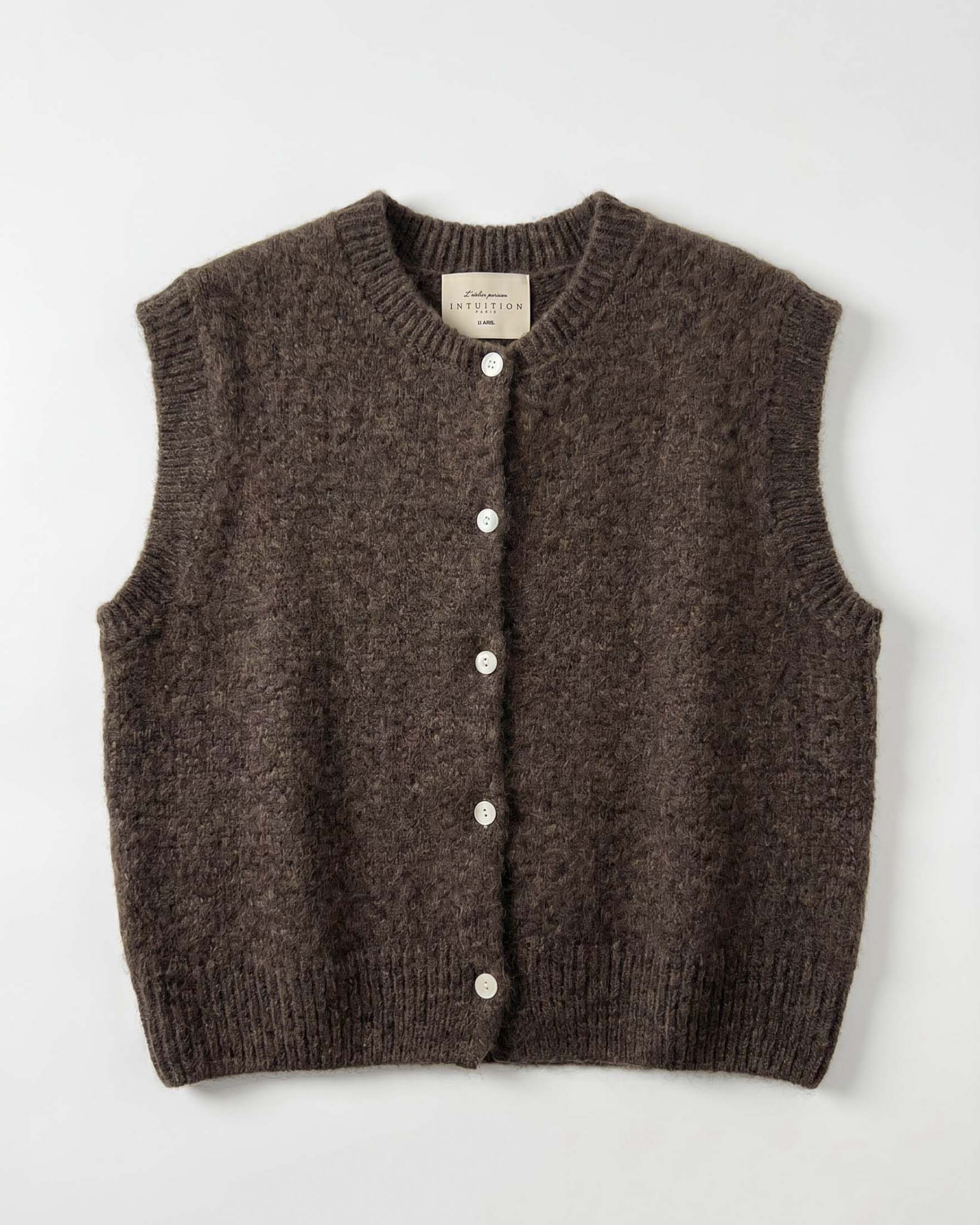 Cardigan smanicato girocollo Intuition Paris marrone in misto mohair e lana con bordi a costine